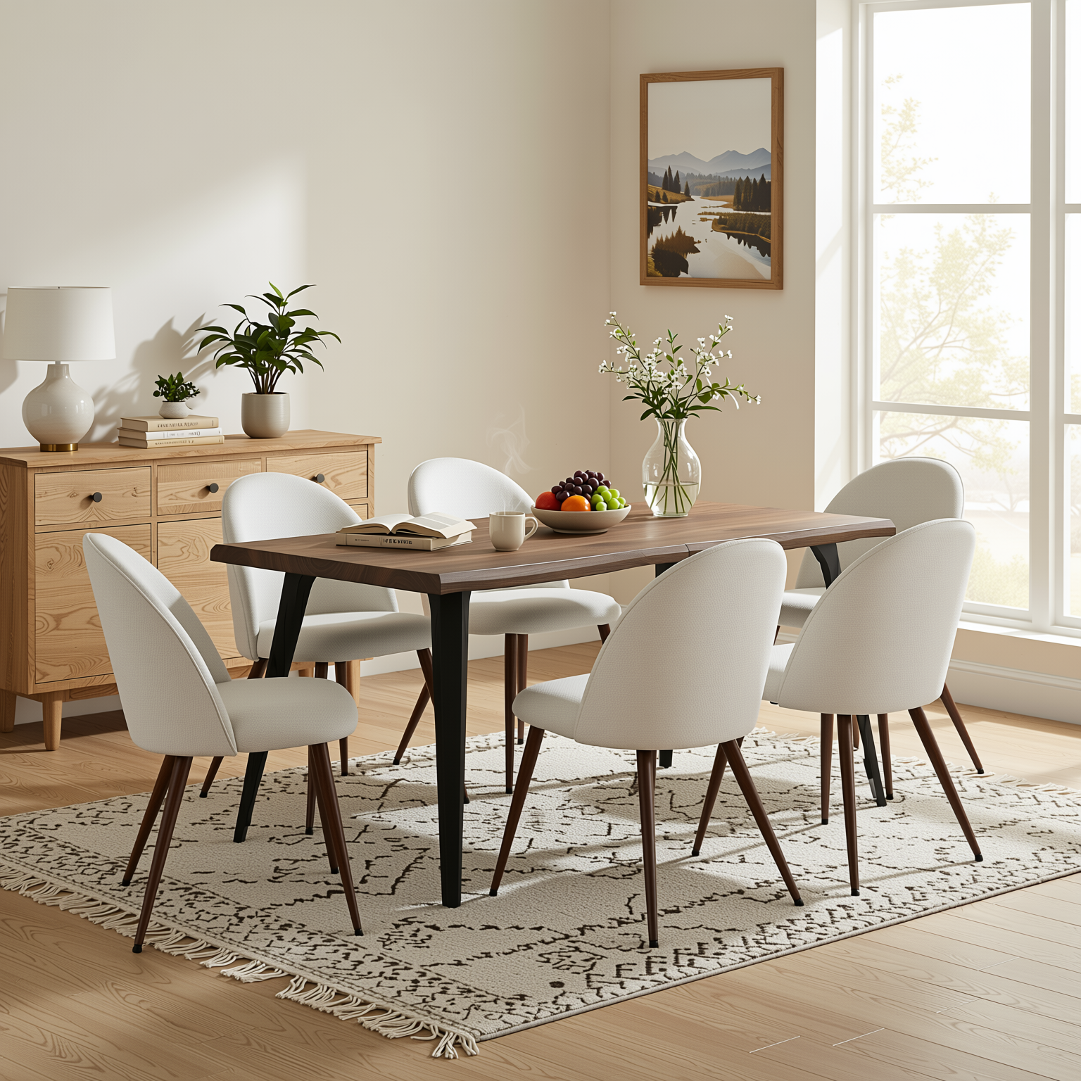 Homy Casa LANCELOT+HAVEN 7PC Dining Set 63” Walnut Wave Edge Table with 6 Haven Beige Upholstered Chairs
