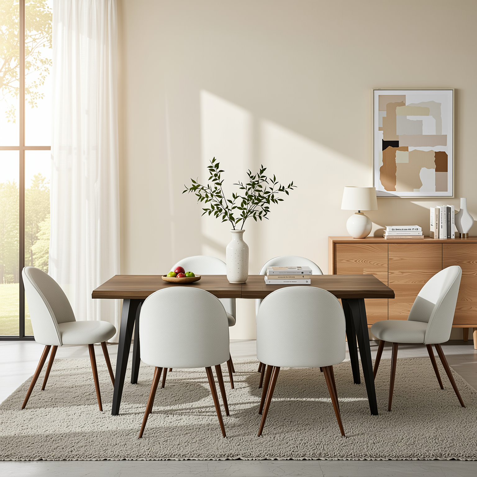 Homy Casa LANCELOT+HAVEN 7PC Dining Set 63” Walnut Wave Edge Table with 6 Haven Beige Upholstered Chairs