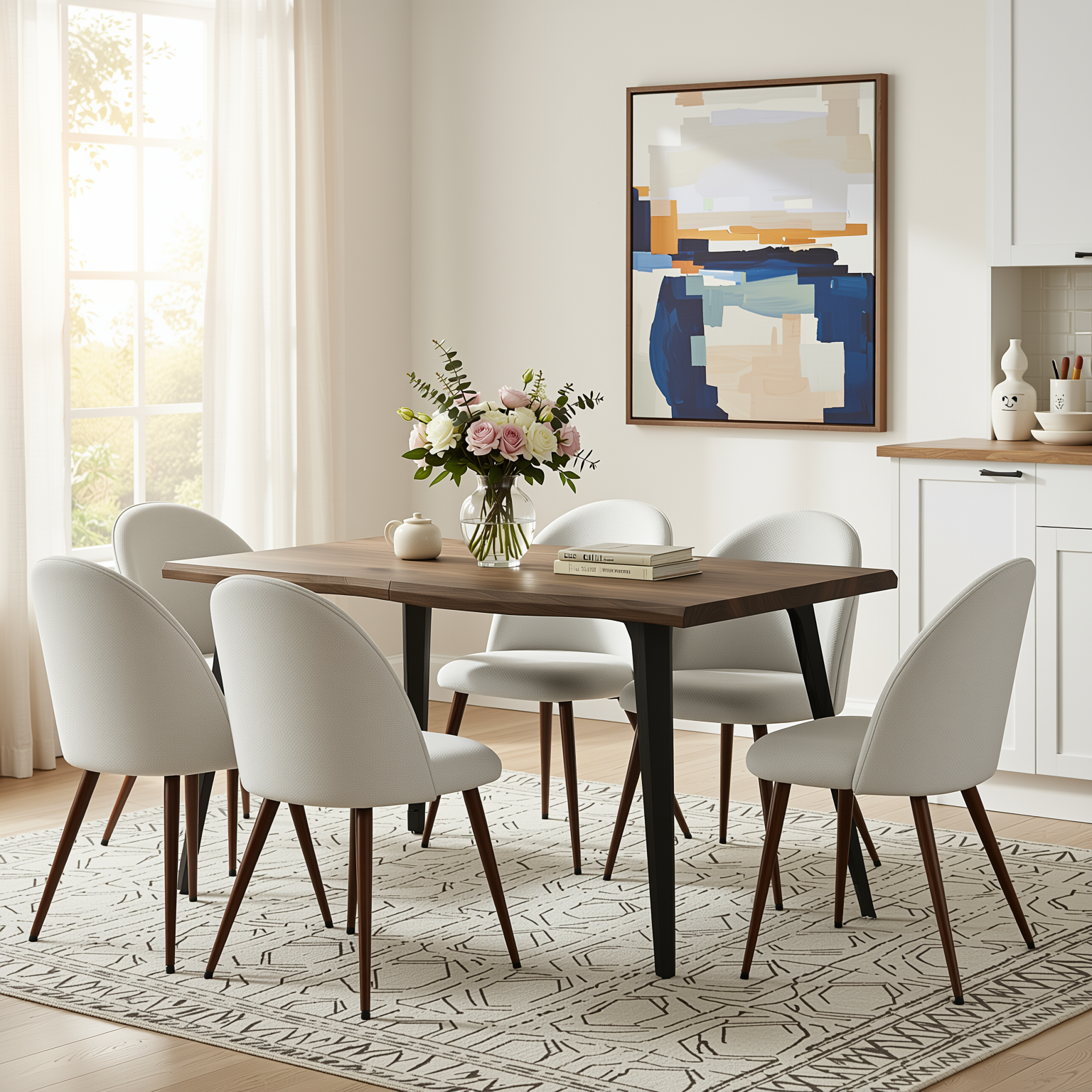 Homy Casa LANCELOT+HAVEN 7PC Dining Set 63” Walnut Wave Edge Table with 6 Haven Beige Upholstered Chairs