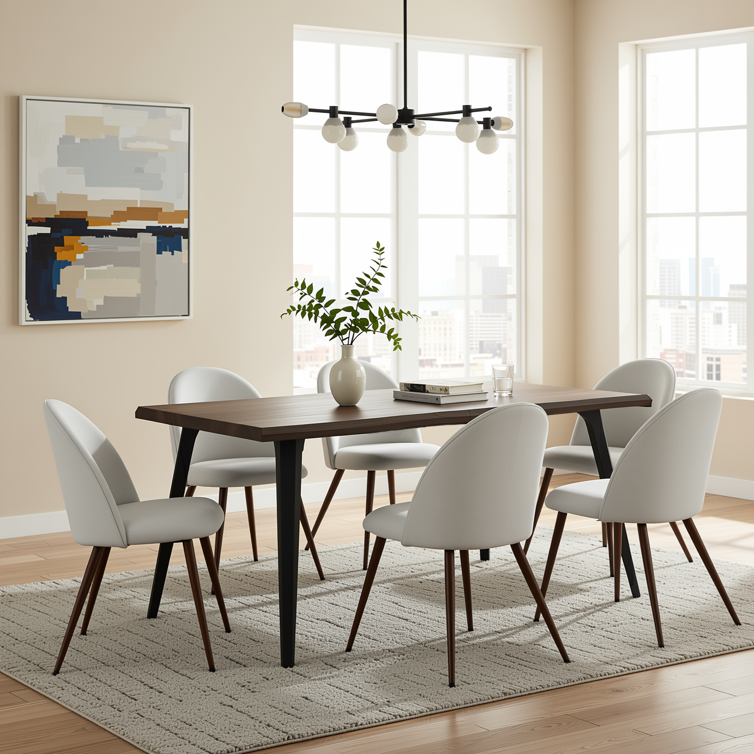 Homy Casa LANCELOT+HAVEN 7PC Dining Set 63” Walnut Wave Edge Table with 6 Haven Beige Upholstered Chairs