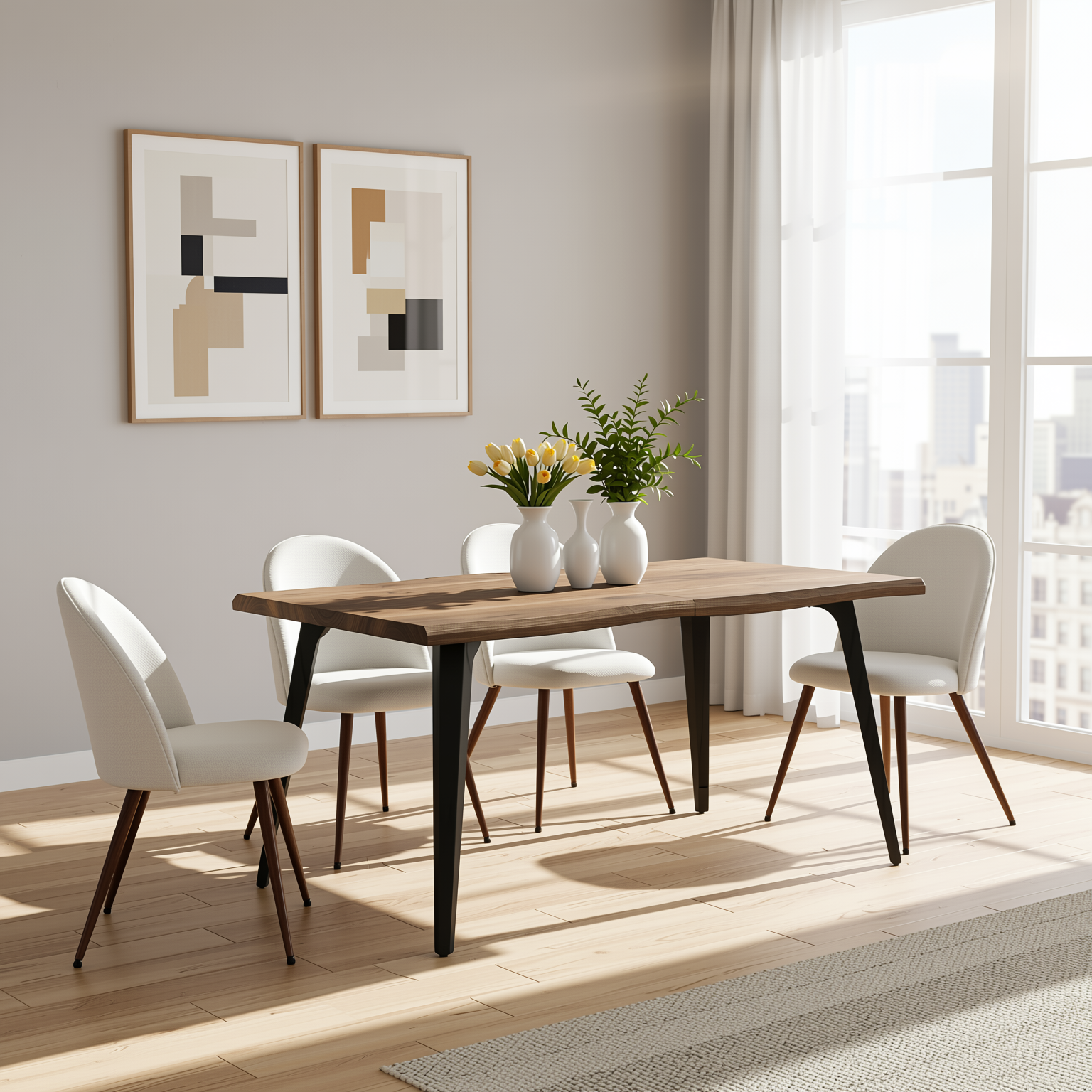 Homy Casa LANCELOT+HAVEN 5PC Dining Set 63" Walnut Wave Edge Table with 4 Haven Beige Fabric Chairs Walnut Legs