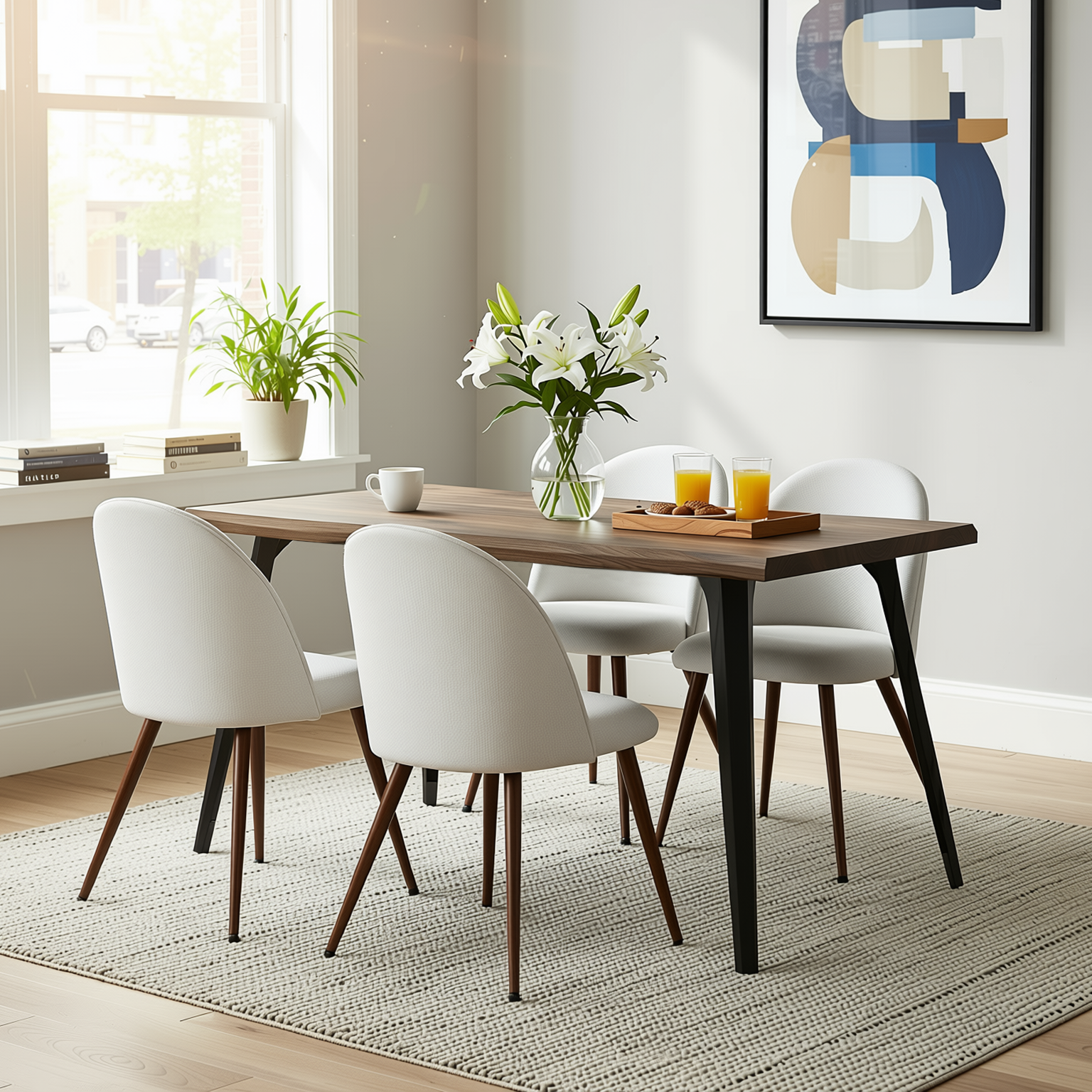 Homy Casa LANCELOT+HAVEN 5PC Dining Set 63" Walnut Wave Edge Table with 4 Haven Beige Fabric Chairs Walnut Legs