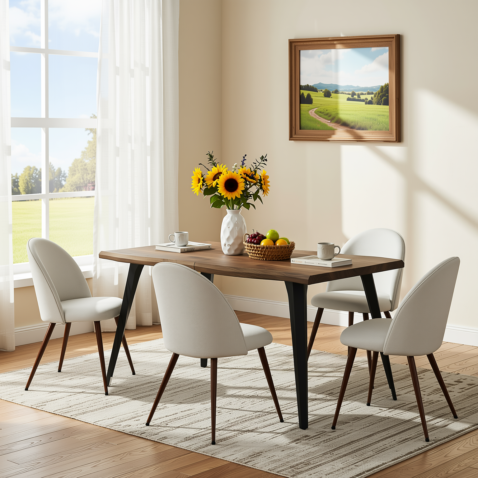 Homy Casa LANCELOT+HAVEN 5PC Dining Set 63" Walnut Wave Edge Table with 4 Haven Beige Fabric Chairs Walnut Legs