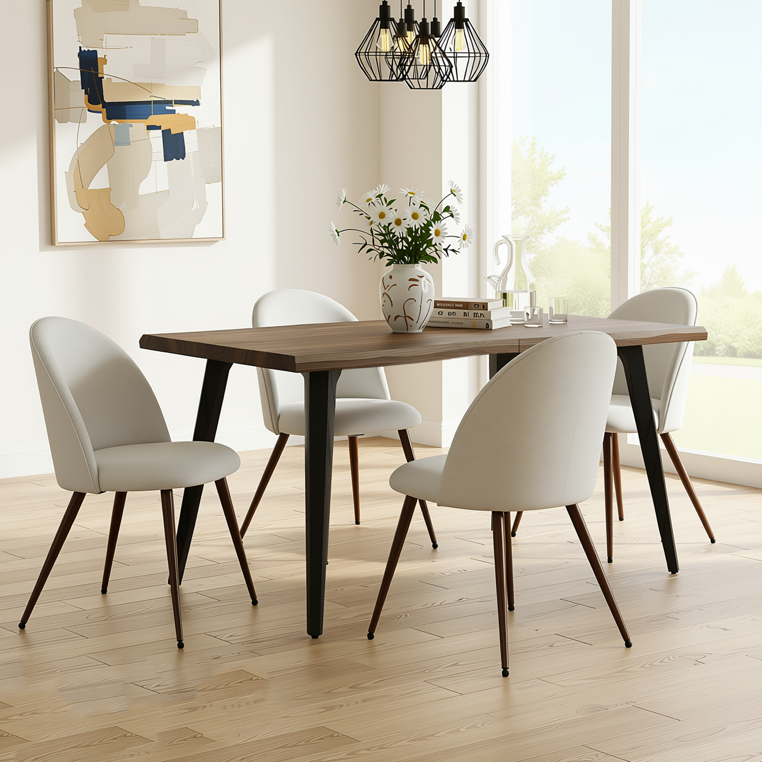 Homy Casa LANCELOT+HAVEN 5PC Dining Set 63" Walnut Wave Edge Table with 4 Haven Beige Fabric Chairs Walnut Legs