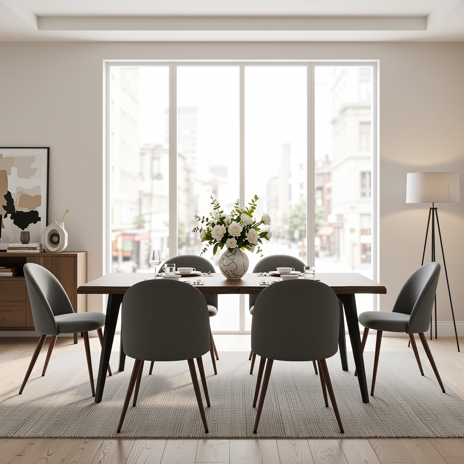 Homy Casa LANCELOT+HAVEN 7PC Dining Set 63” Walnut Table with 6 Haven Grey Fabric Chairs Walnut Legs