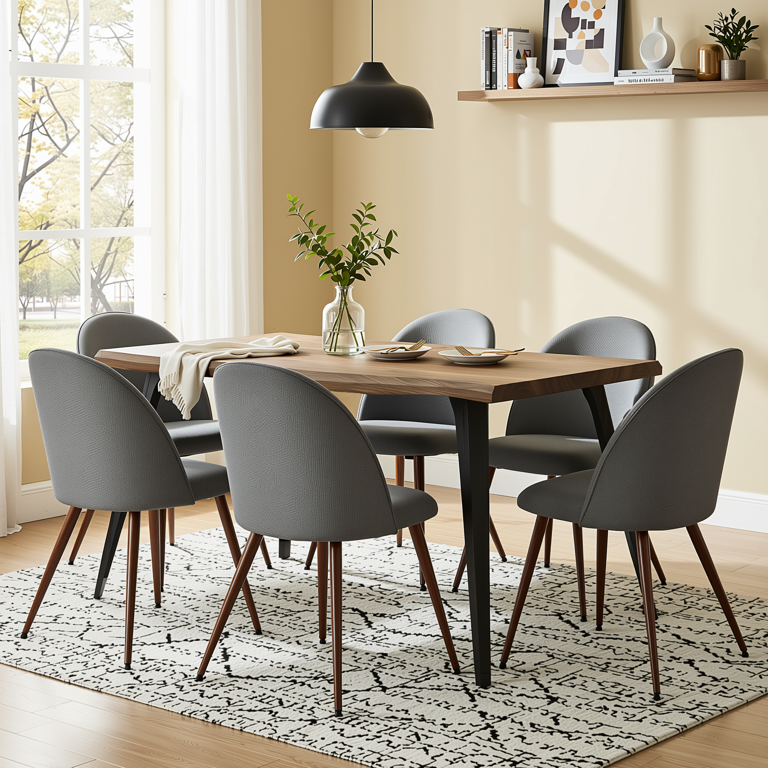 Homy Casa LANCELOT+HAVEN 7PC Dining Set 63” Walnut Table with 6 Haven Grey Fabric Chairs Walnut Legs