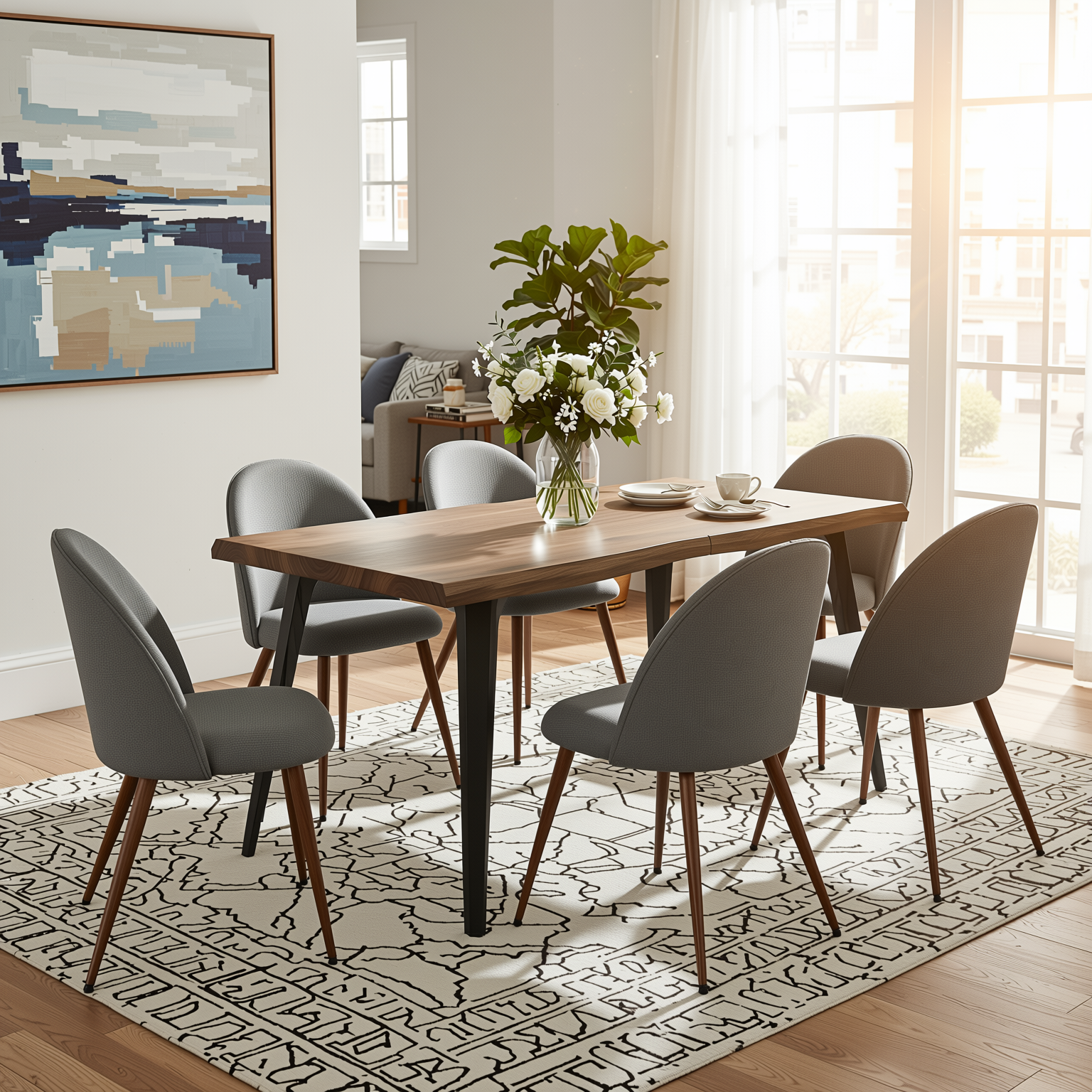 Homy Casa LANCELOT+HAVEN 7PC Dining Set 63” Walnut Table with 6 Haven Grey Fabric Chairs Walnut Legs