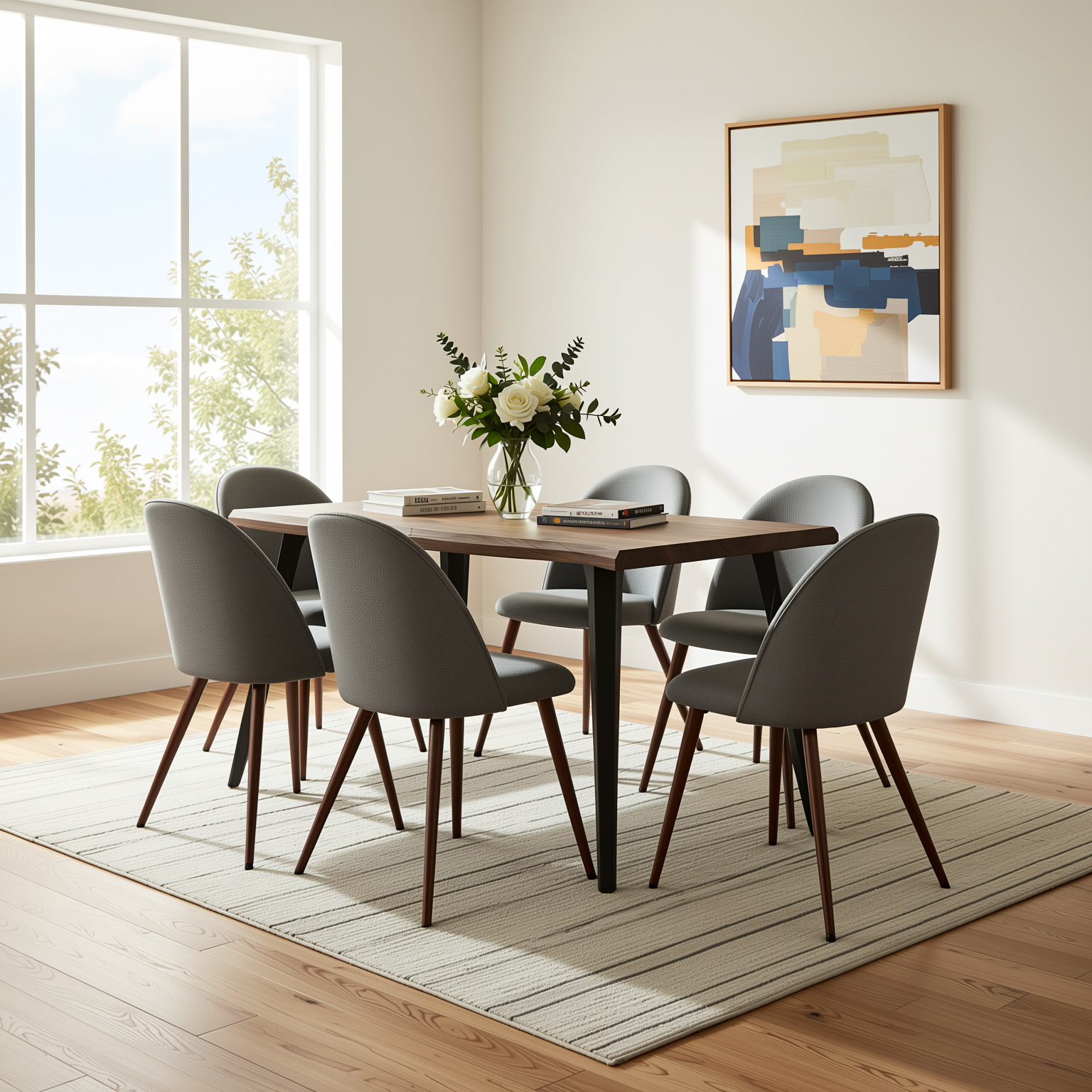 Homy Casa LANCELOT+HAVEN 7PC Dining Set 63” Walnut Table with 6 Haven Grey Fabric Chairs Walnut Legs