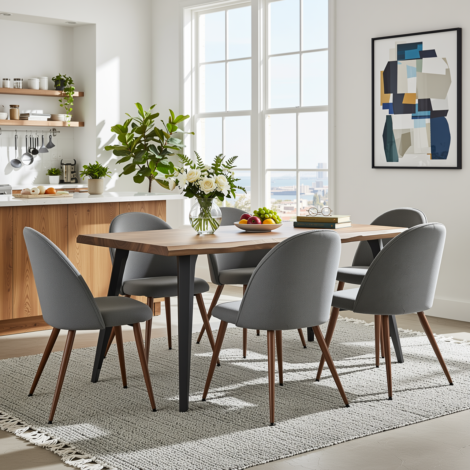 Homy Casa LANCELOT+HAVEN 7PC Dining Set 63” Walnut Table with 6 Haven Grey Fabric Chairs Walnut Legs