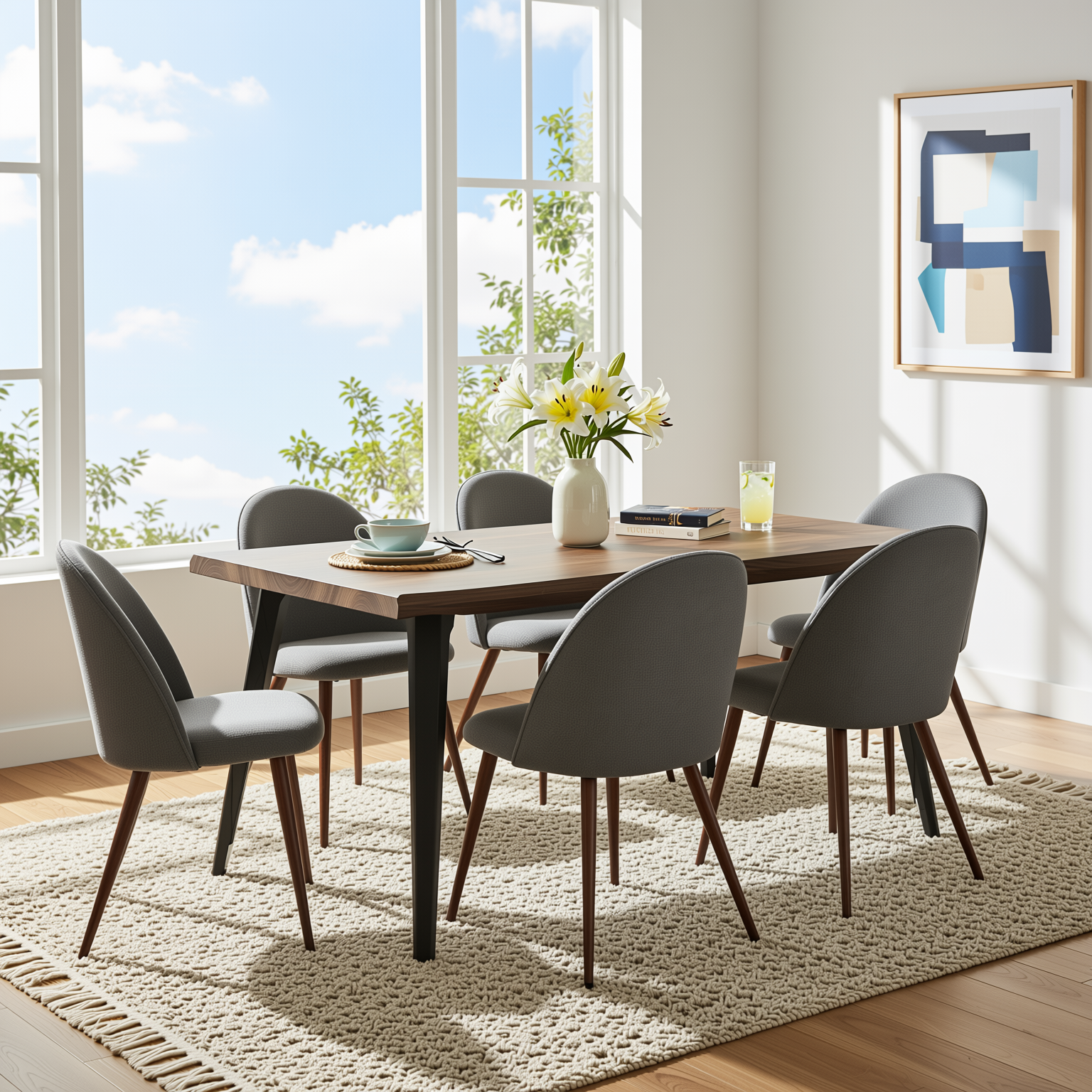 Homy Casa LANCELOT+HAVEN 7PC Dining Set 63” Walnut Table with 6 Haven Grey Fabric Chairs Walnut Legs