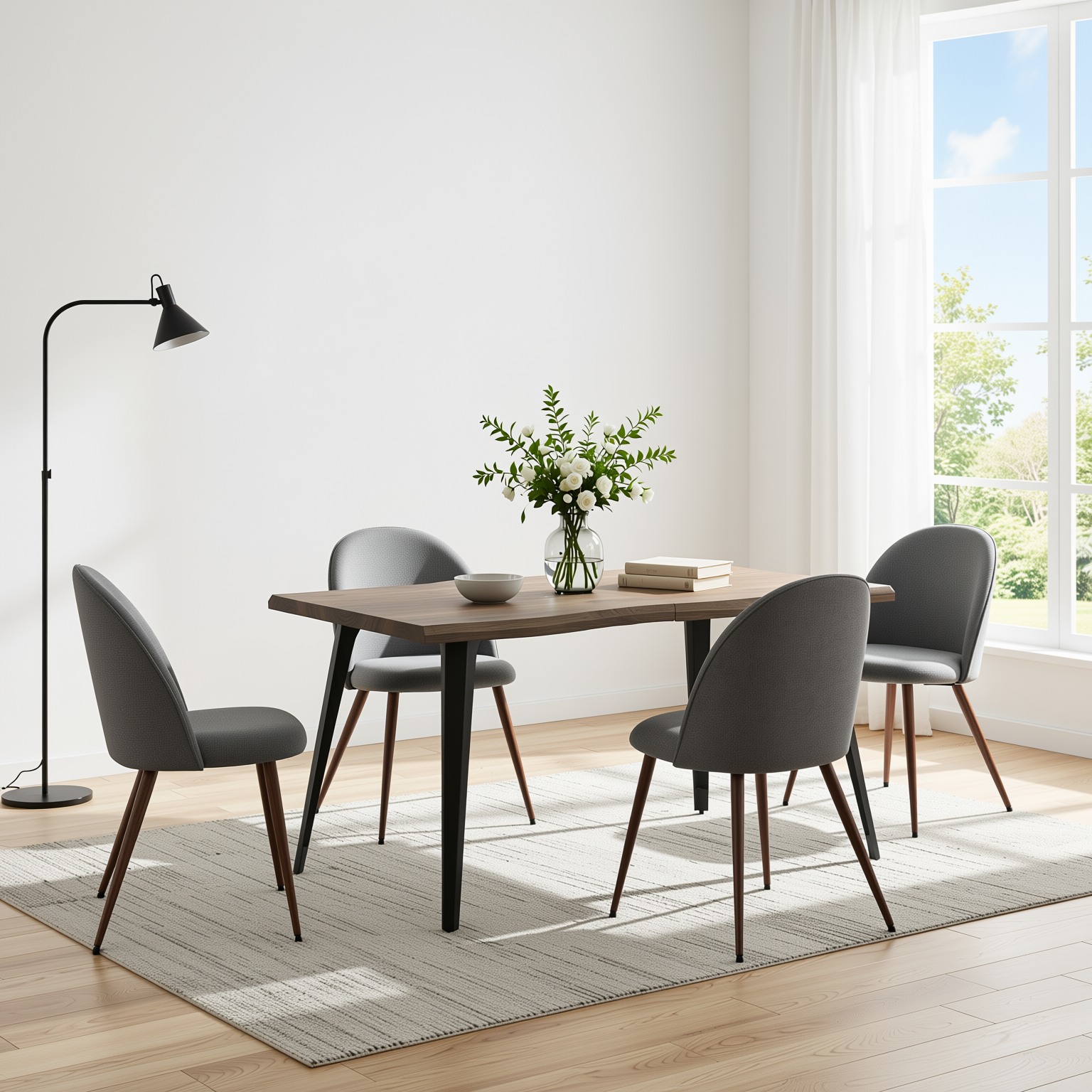Homy Casa LANCELOT+HAVEN 5PC Dining Set 63” Walnut Wave Edge Table with 4 Haven Grey Fabric Chairs Walnut Legs