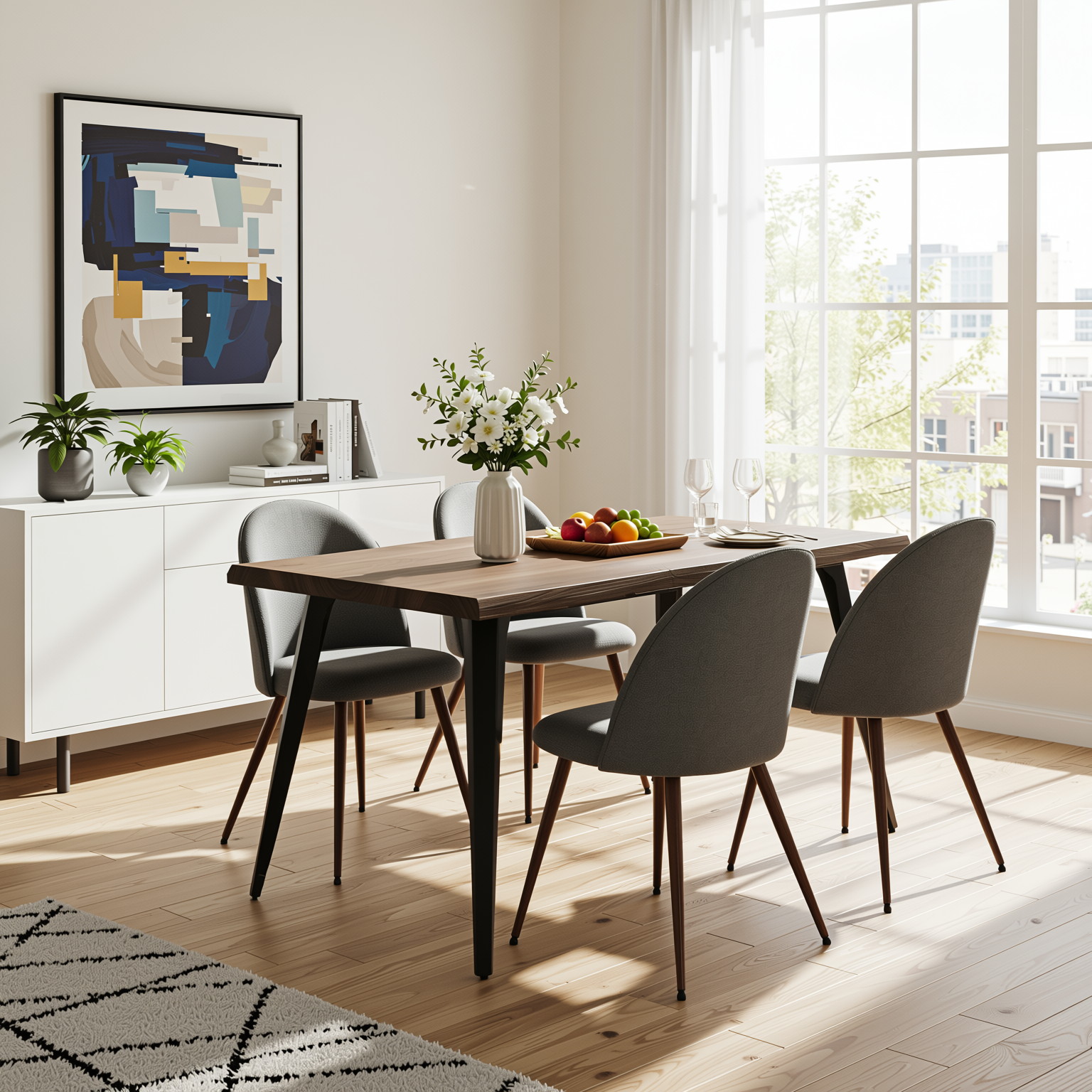 Homy Casa LANCELOT+HAVEN 5PC Dining Set 63” Walnut Wave Edge Table with 4 Haven Grey Fabric Chairs Walnut Legs