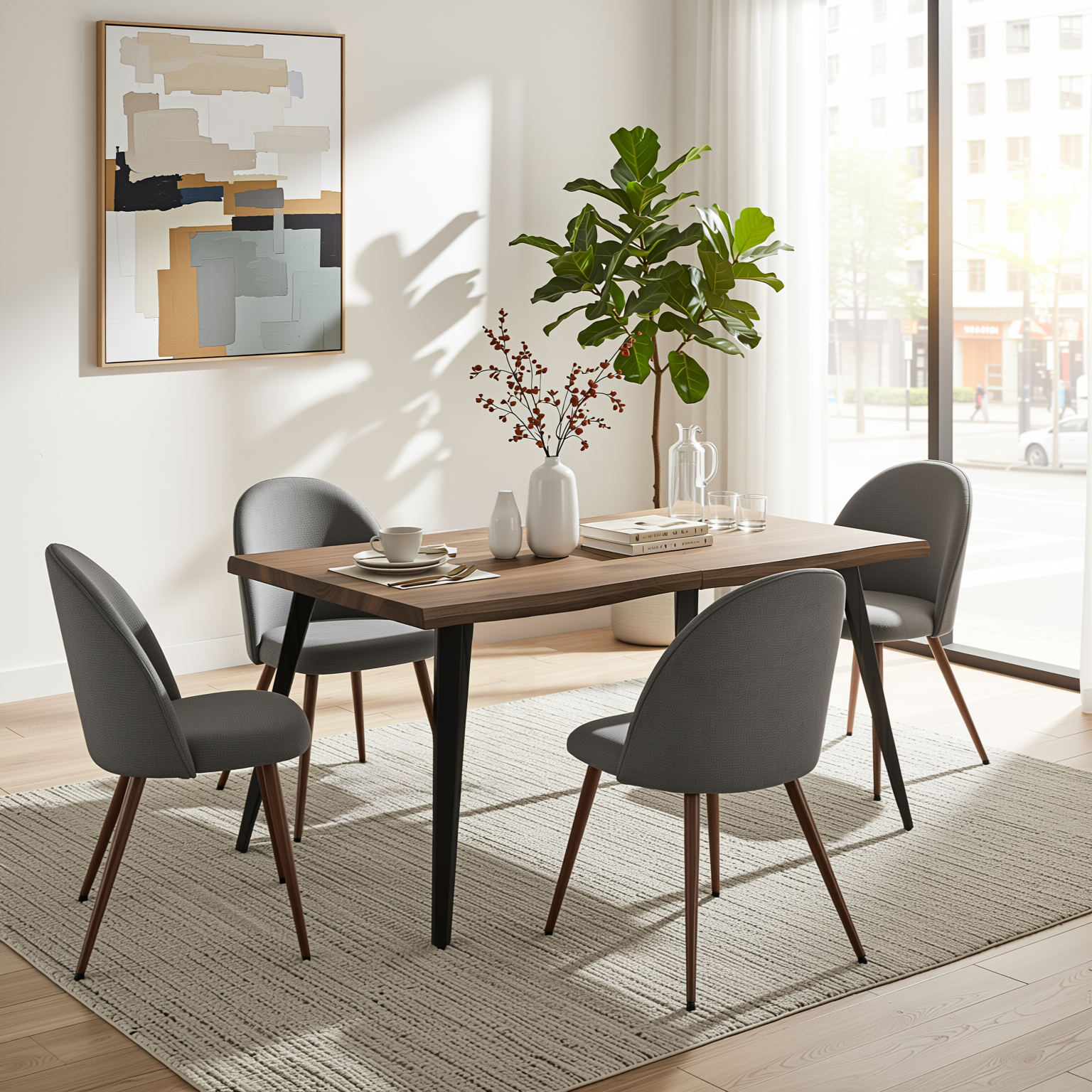 Homy Casa LANCELOT+HAVEN 5PC Dining Set 63” Walnut Wave Edge Table with 4 Haven Grey Fabric Chairs Walnut Legs