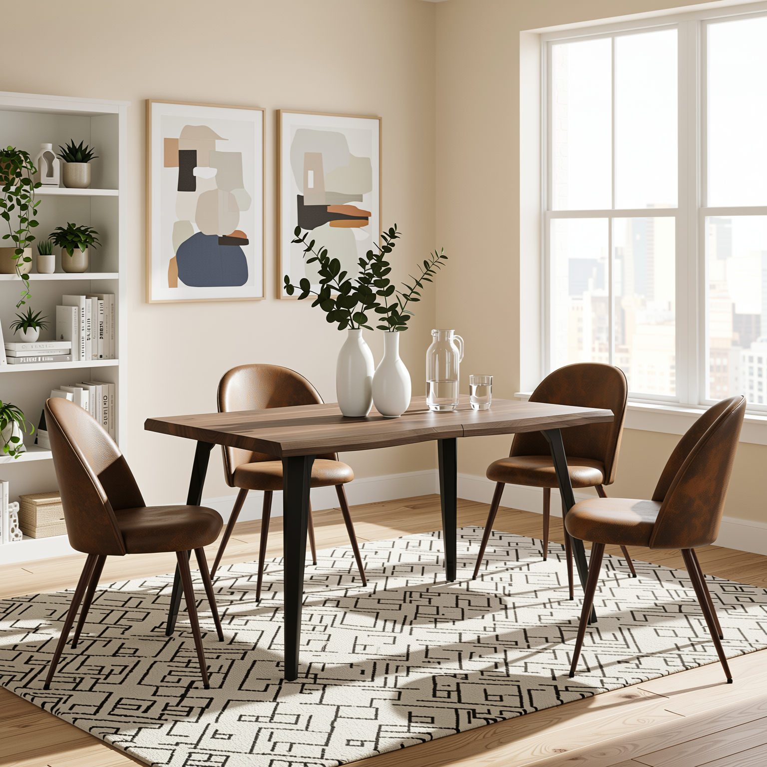 Homy Casa LANCELOT+HAVEN 5PC Dining Set 63” Walnut Wave Edge Table with 4 Haven Suede Brown Chairs Walnut Legs