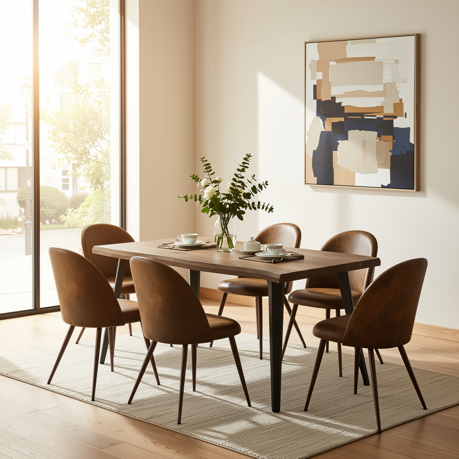 Homy Casa LANCELOT+HAVEN 7PC Dining Set 63" Table with 6 Haven Suede Brown Chairs Walnut Finish