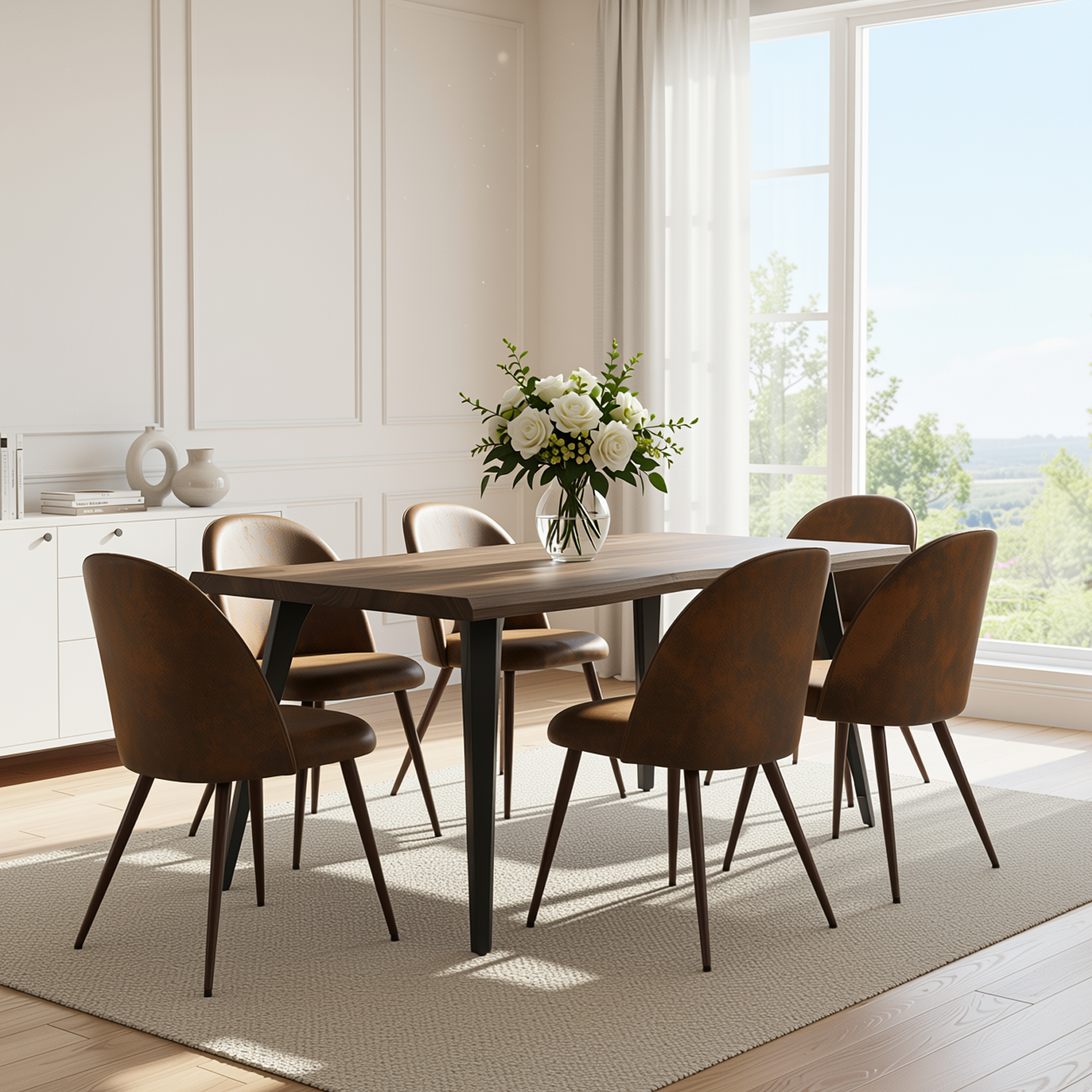 Homy Casa LANCELOT+HAVEN 7PC Dining Set 63" Table with 6 Haven Suede Brown Chairs Walnut Finish