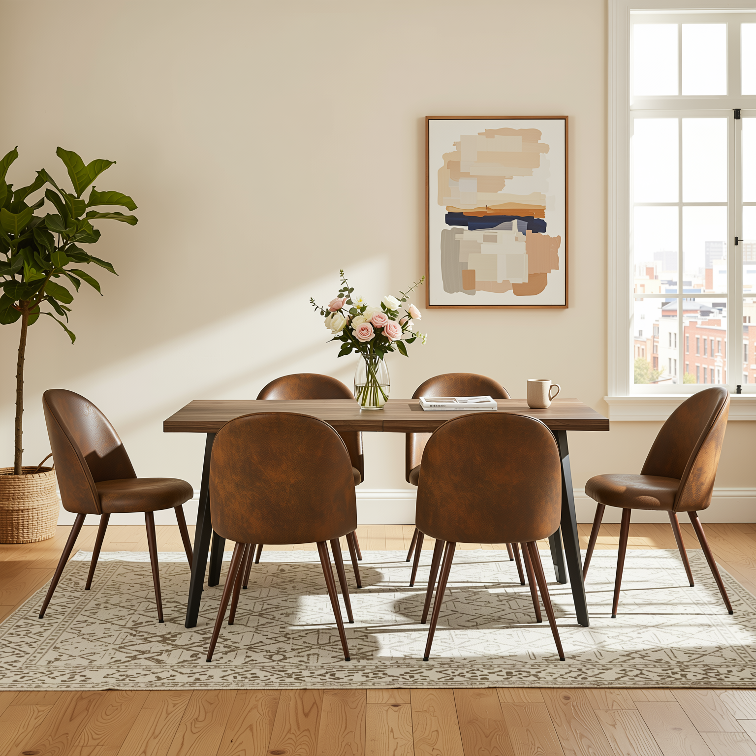 Homy Casa LANCELOT+HAVEN 7PC Dining Set 63" Table with 6 Haven Suede Brown Chairs Walnut Finish