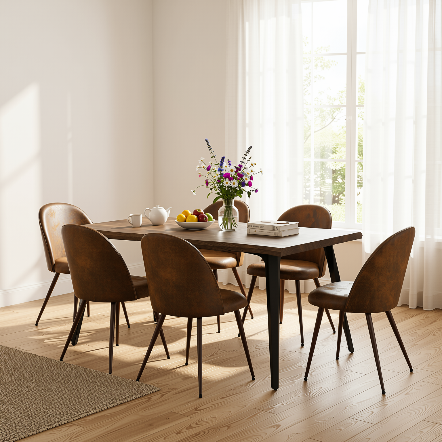 Homy Casa LANCELOT+HAVEN 7PC Dining Set 63" Table with 6 Haven Suede Brown Chairs Walnut Finish