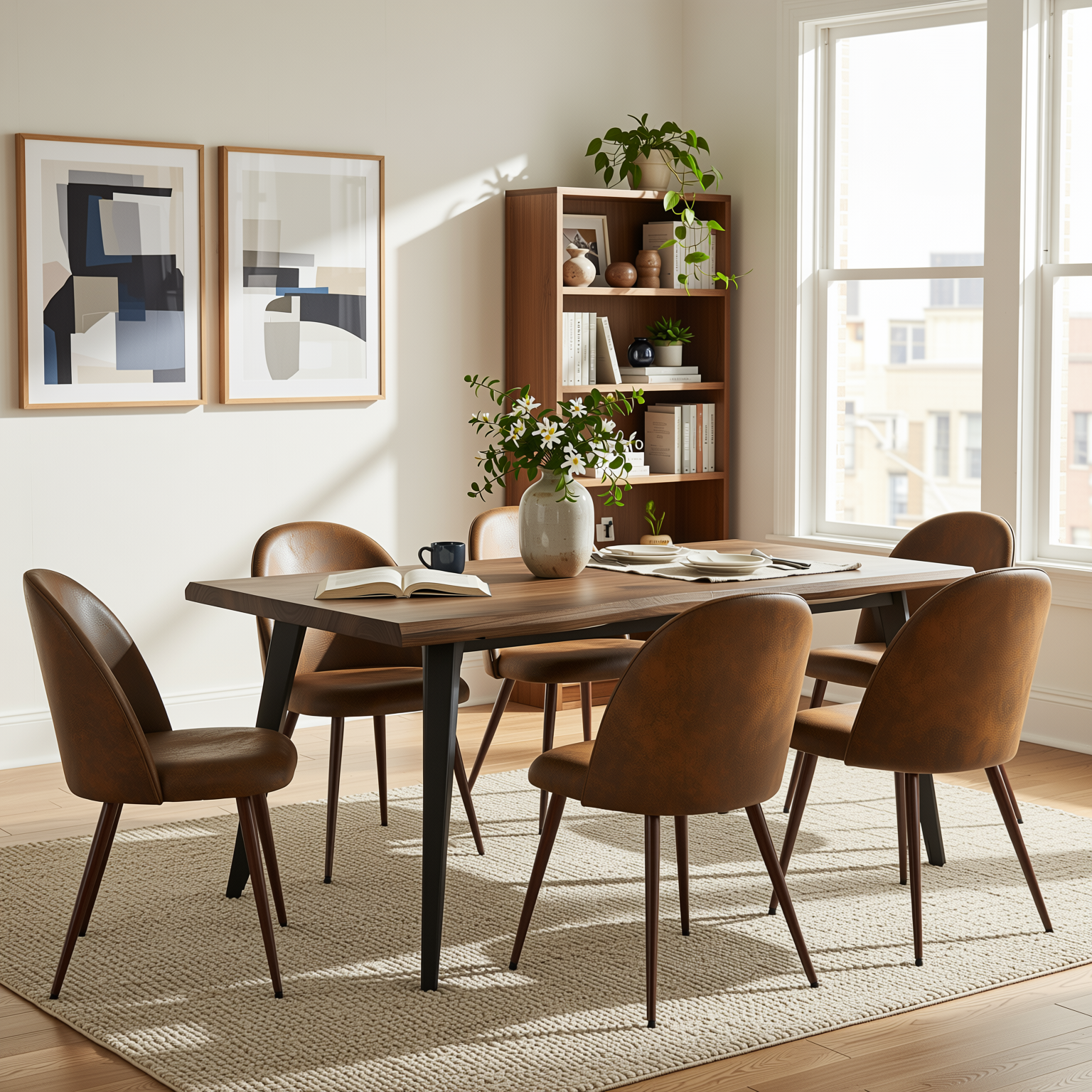 Homy Casa LANCELOT+HAVEN 7PC Dining Set 63" Table with 6 Haven Suede Brown Chairs Walnut Finish