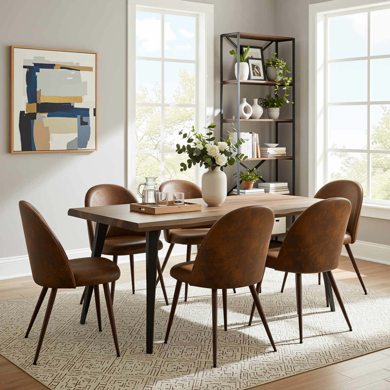 Homy Casa LANCELOT+HAVEN 7PC Dining Set 63" Table with 6 Haven Suede Brown Chairs Walnut Finish