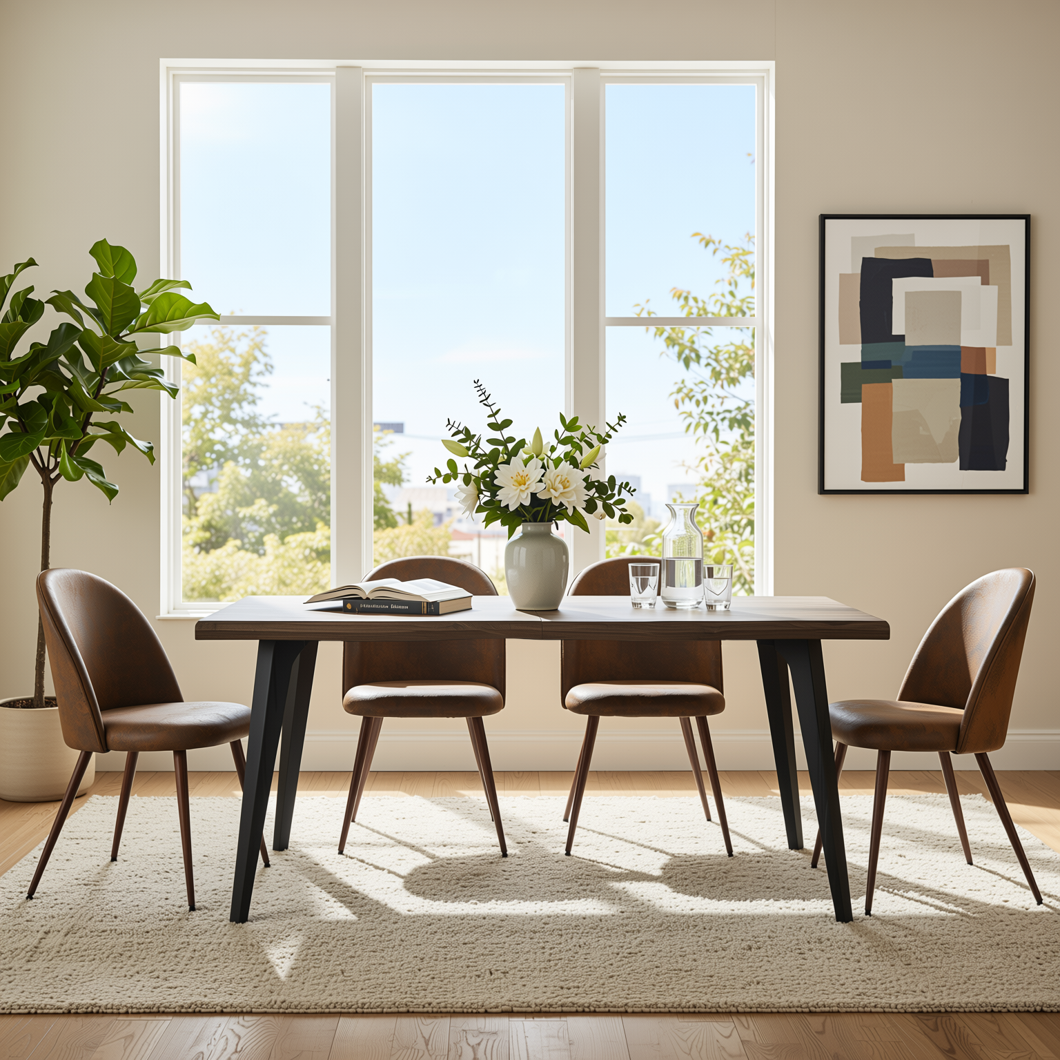 Homy Casa LANCELOT+HAVEN 5PC Dining Set 63” Walnut Wave Edge Table with 4 Haven Suede Brown Chairs Walnut Legs
