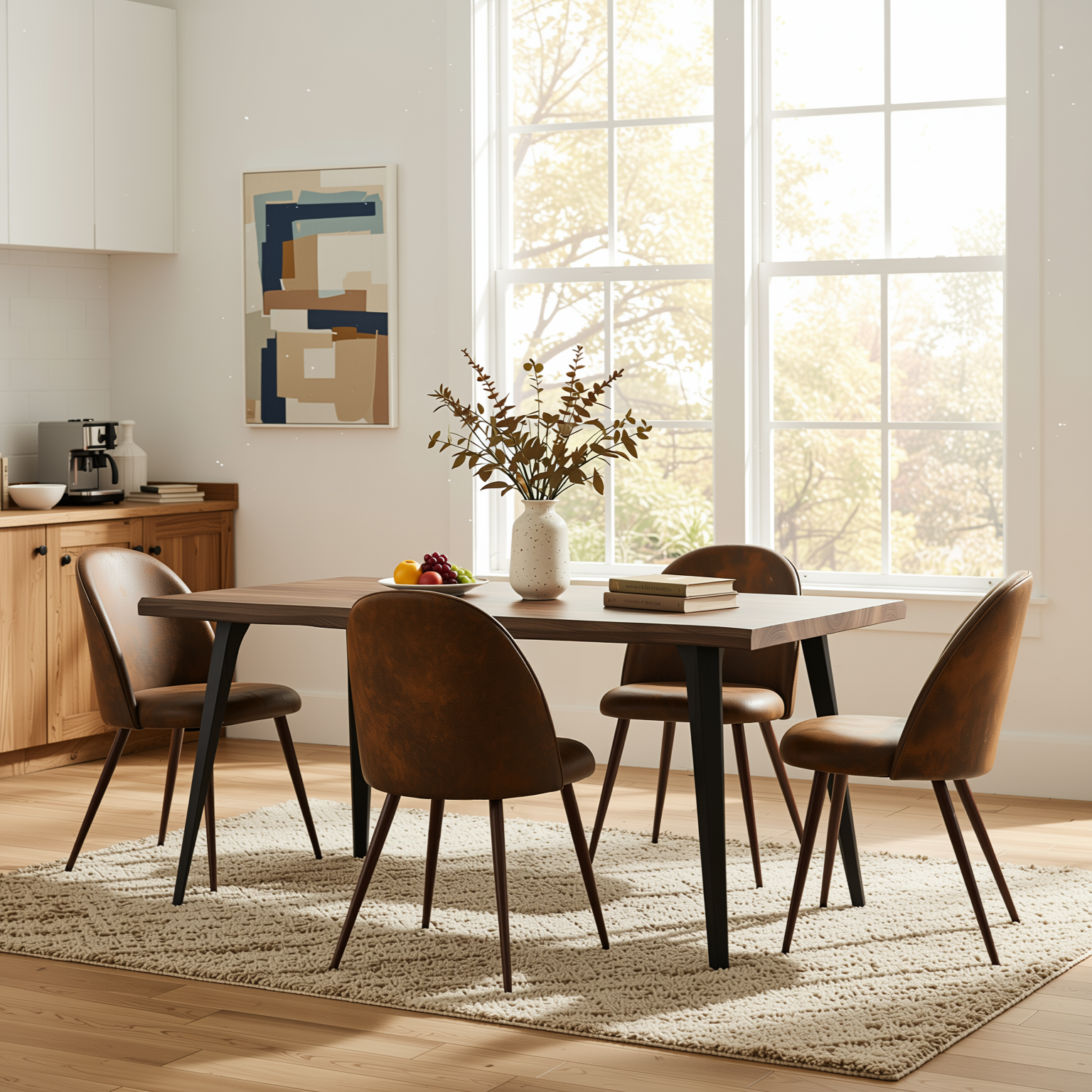 Homy Casa LANCELOT+HAVEN 5PC Dining Set 63” Walnut Wave Edge Table with 4 Haven Suede Brown Chairs Walnut Legs