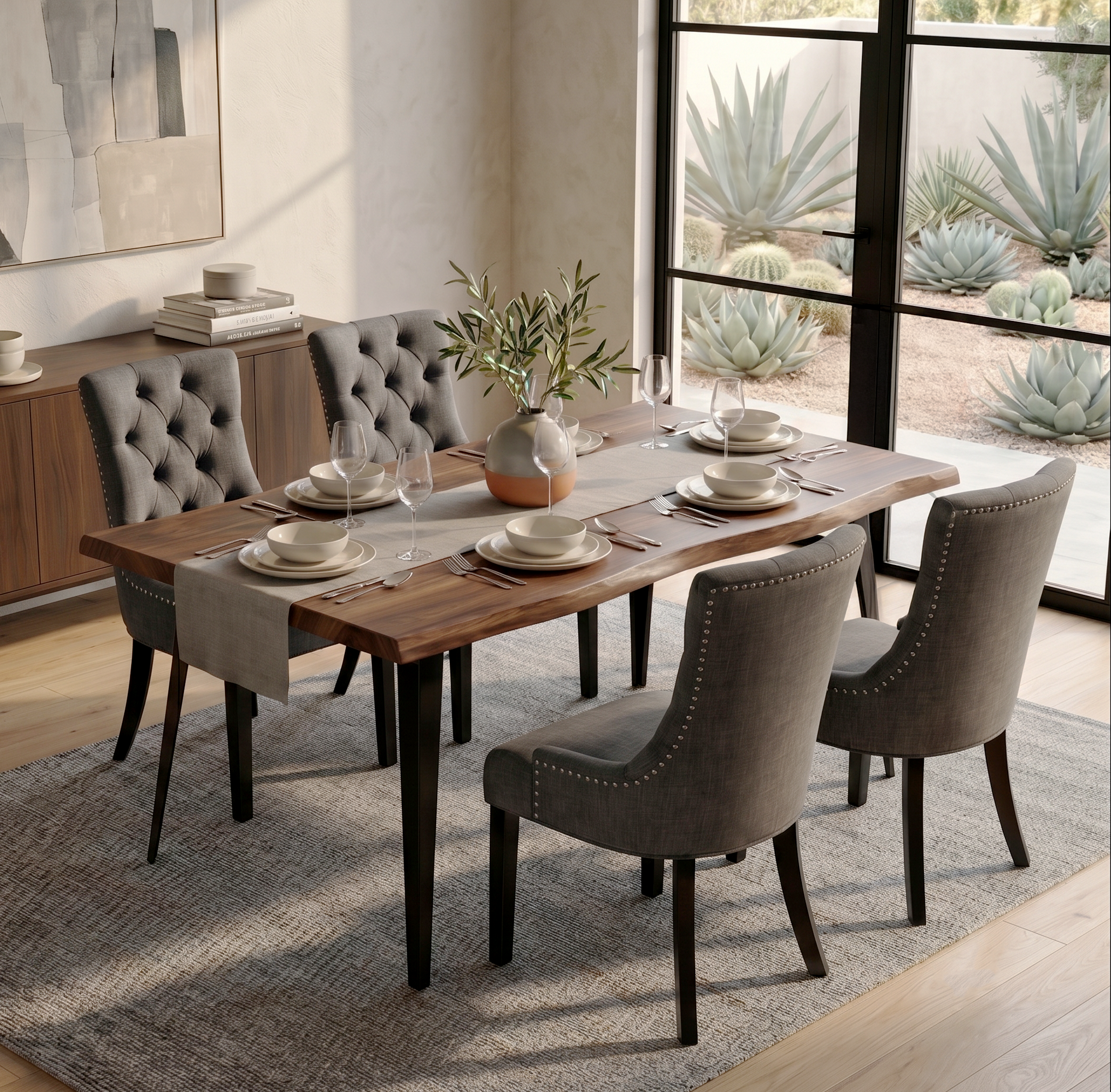 Homy Casa LANCELOT+NUTTON 5PC Dining Set 63" Walnut Table with 4 Ebony Charcoal Upholstered Chairs