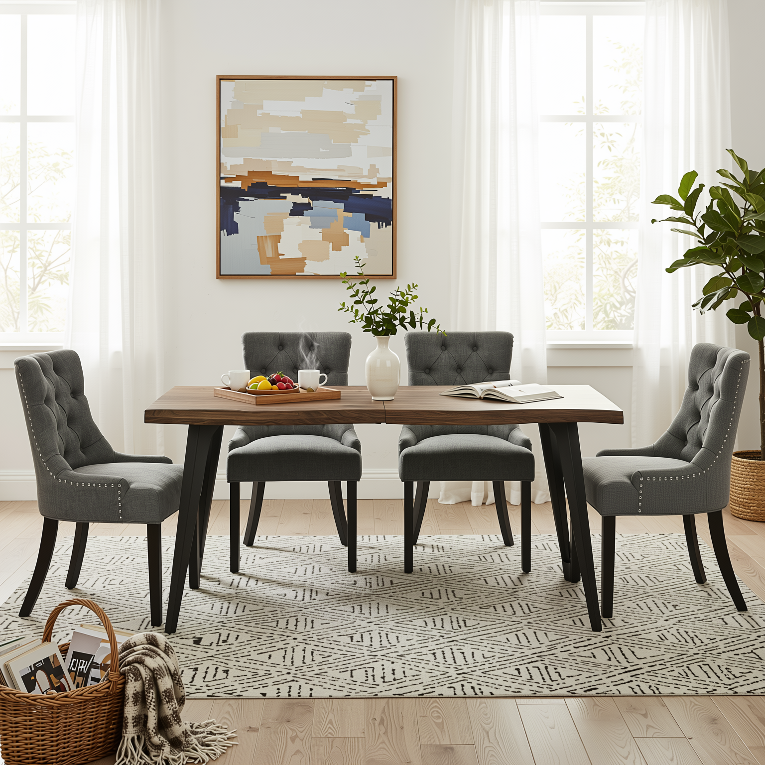 Homy Casa LANCELOT+NUTTON 5PC Dining Set 63" Walnut Table with 4 Ebony Charcoal Upholstered Chairs
