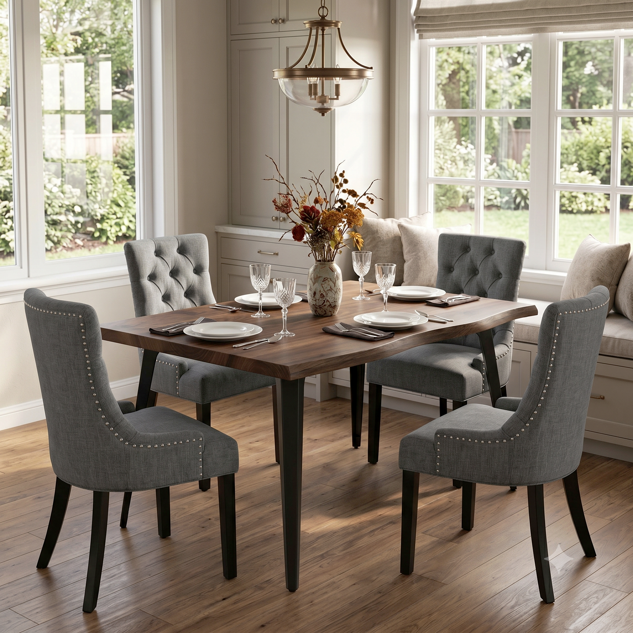 Homy Casa LANCELOT+NUTTON 5PC Dining Set 63" Walnut Table with 4 Ebony Charcoal Upholstered Chairs