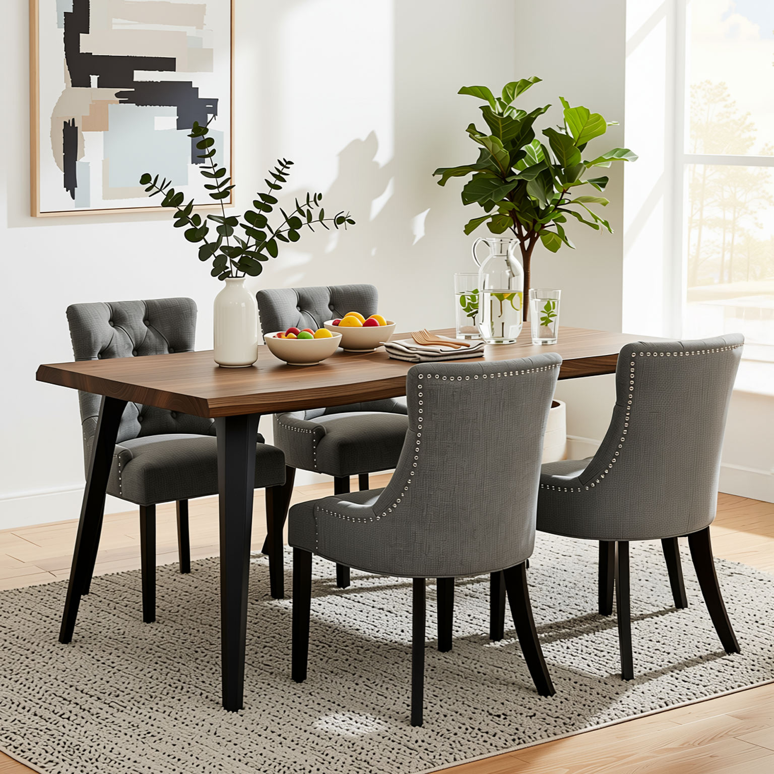 Homy Casa LANCELOT+NUTTON 5PC Dining Set 63" Dark Walnut Table with 4 Ebony Charcoal Upholstered Chairs