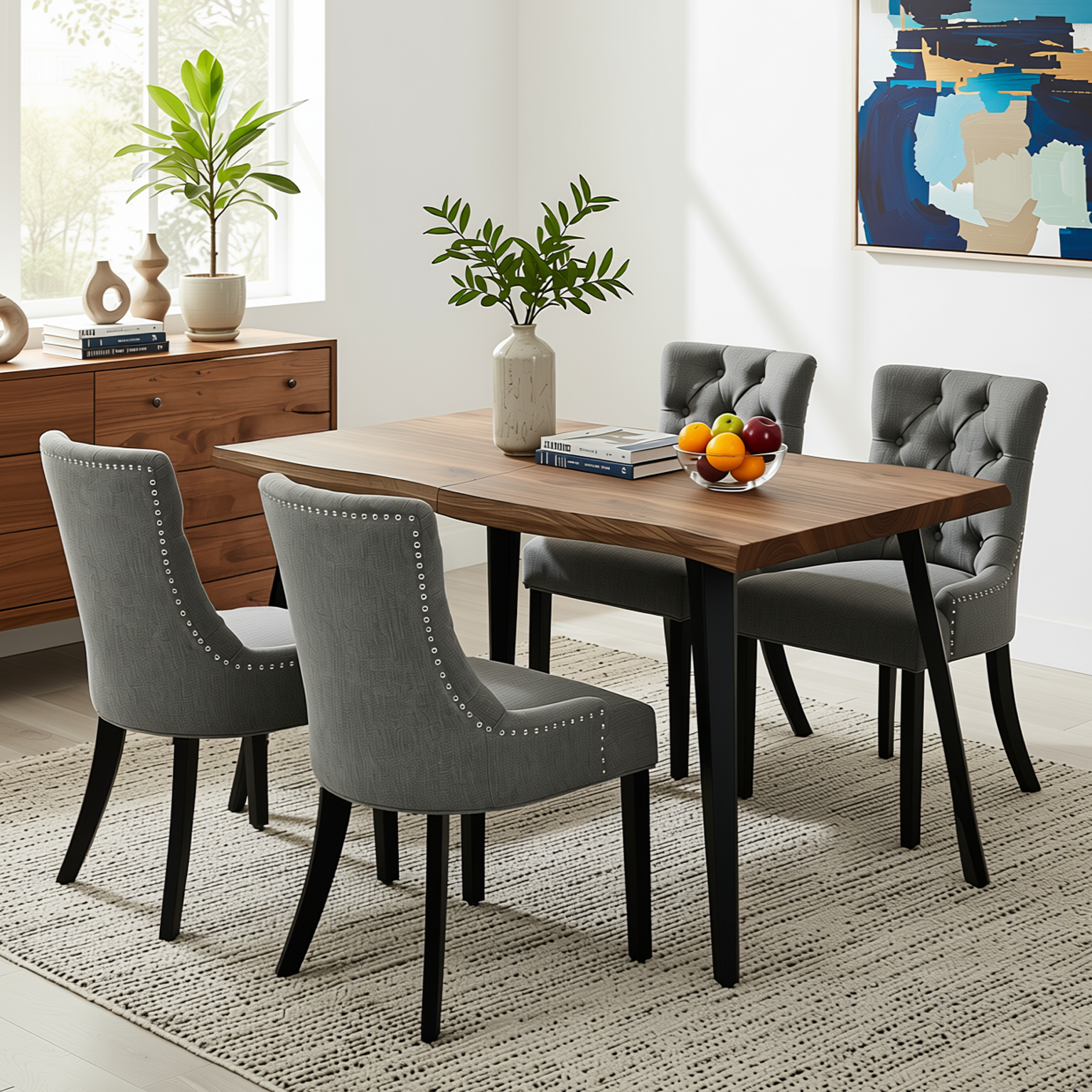 Homy Casa LANCELOT+NUTTON 5PC Dining Set 63" Walnut Table with 4 Ebony Charcoal Upholstered Chairs