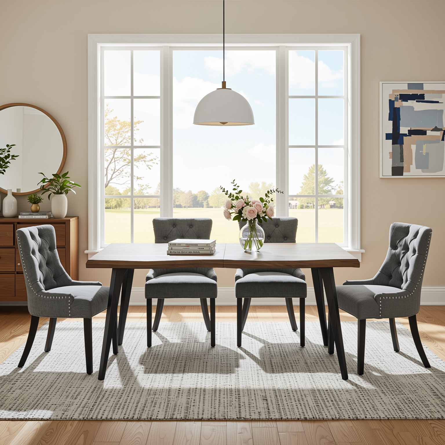 Homy Casa LANCELOT+NUTTON 5PC Dining Set 63" Dark Walnut Table with 4 Ebony Charcoal Upholstered Chairs