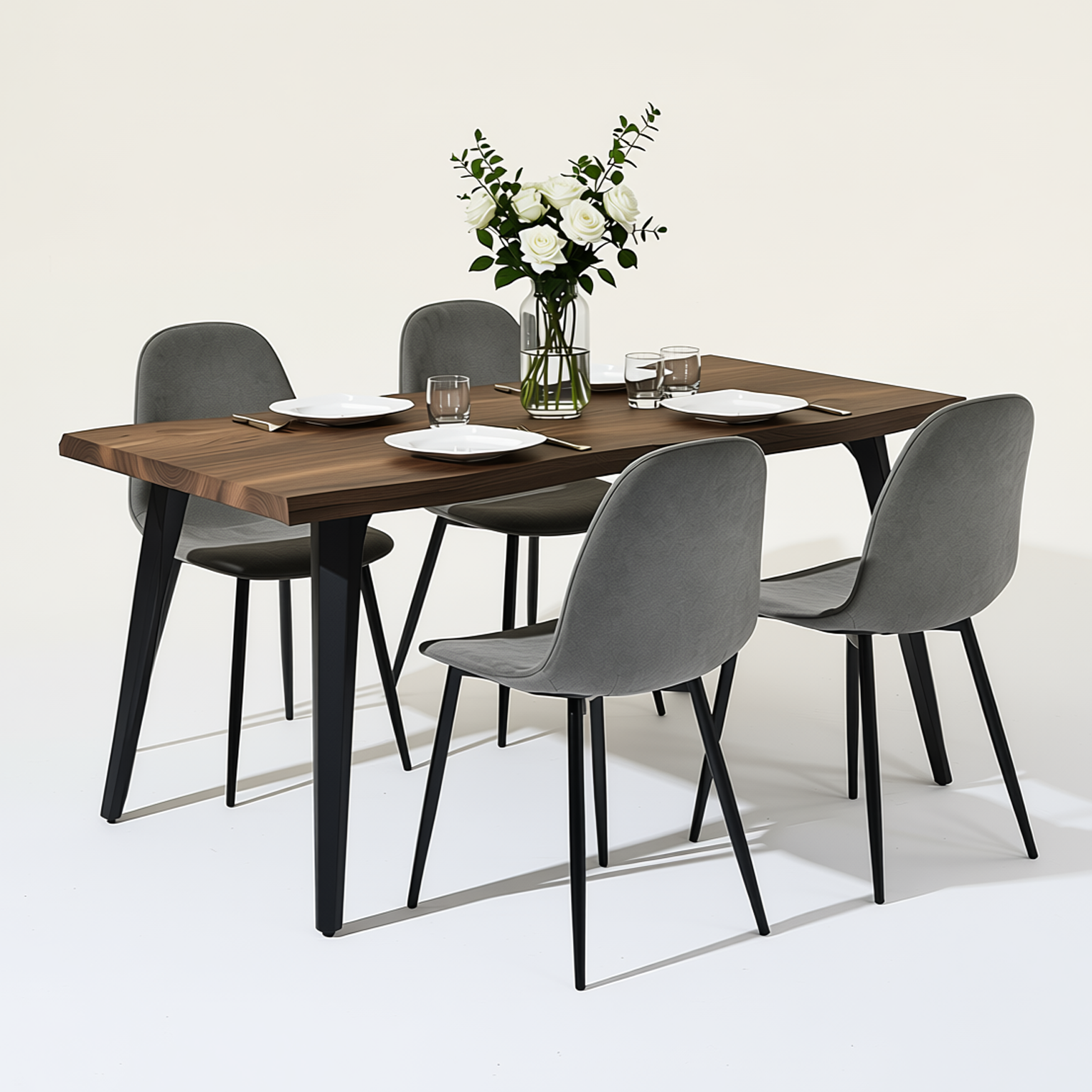 Homy Casa LANCELOT+CHARLTON 5PC Dining Set 63” Dark Walnut Table with 4 Charlton Grey Terry Fabric Chairs