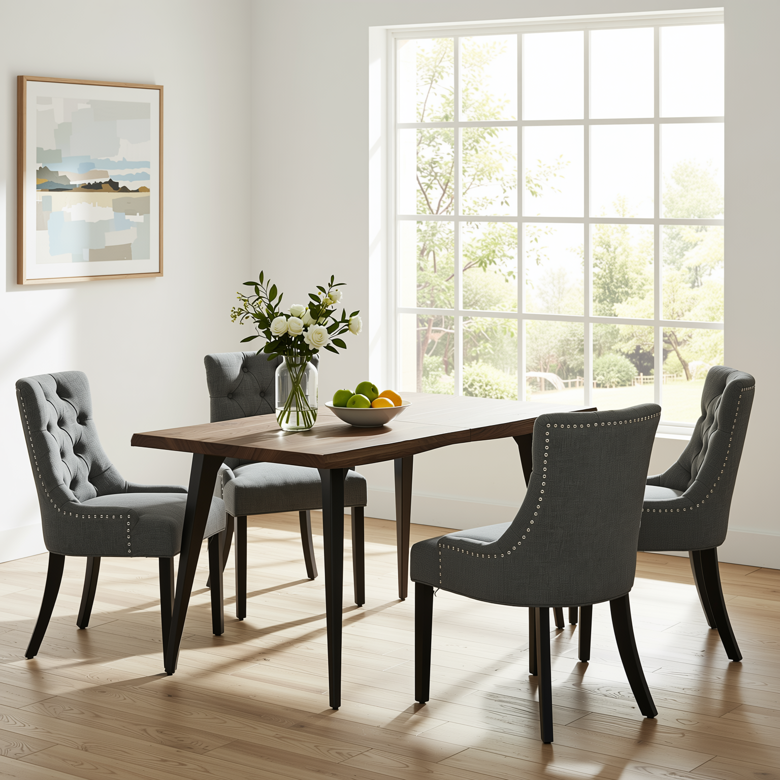 Homy Casa LANCELOT+NUTTON 5PC Dining Set 63" Dark Walnut Table with 4 Ebony Charcoal Upholstered Chairs