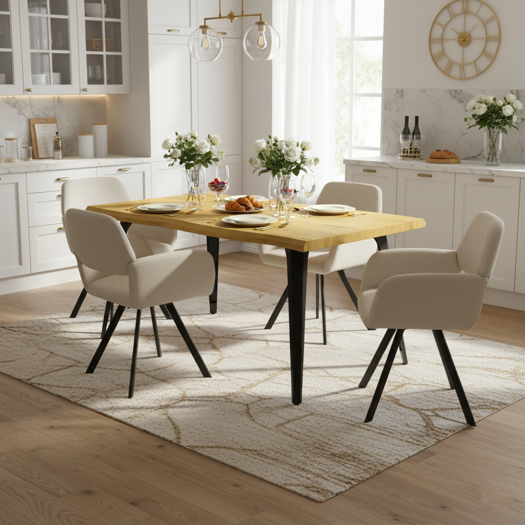 Homy Casa Lancelot 5PC Dining Table Set 63” Oak Table with 4 California Upholstered Chairs,Beige