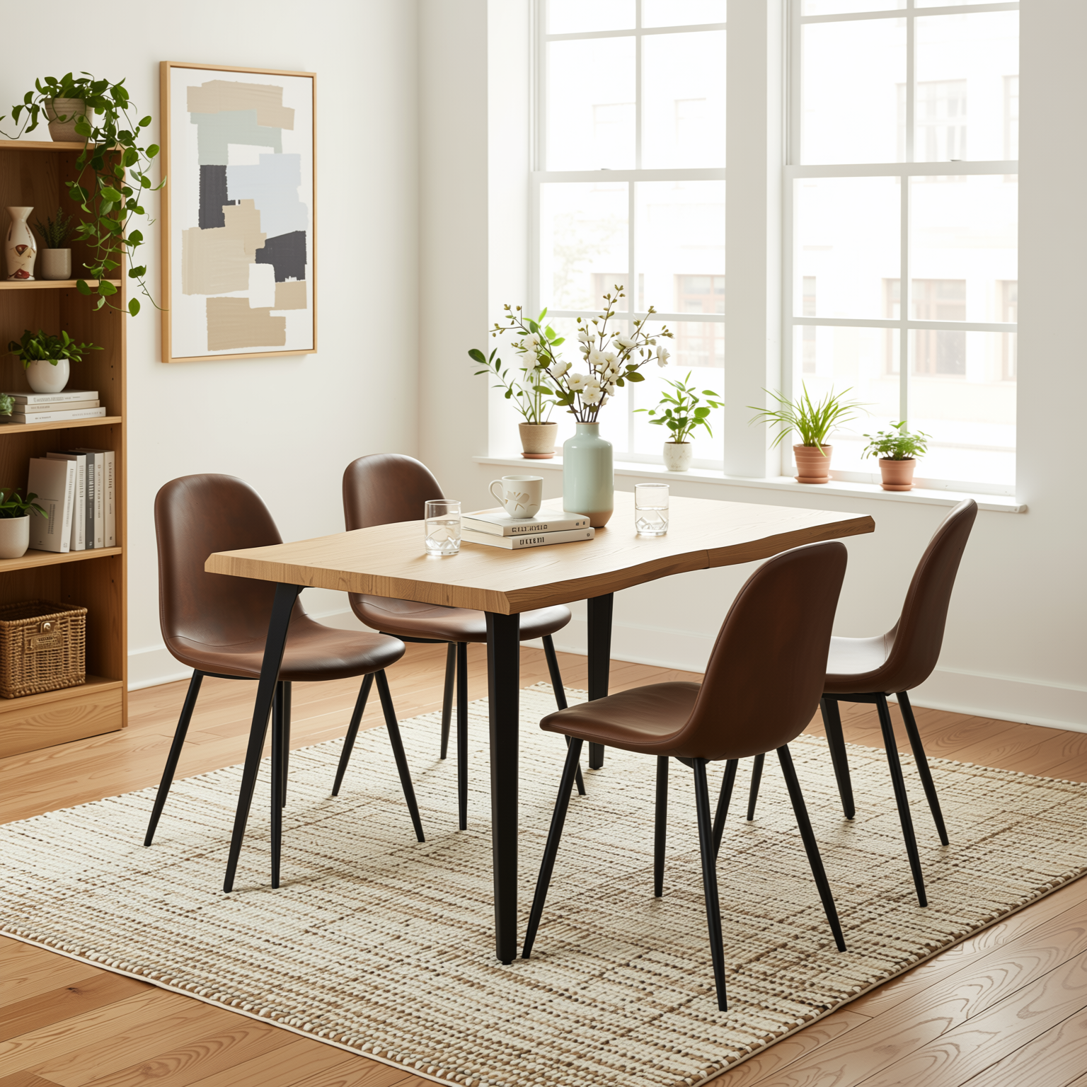 Homy Casa LANCELOT+CHARLTON 5PC Dining Set 63" Natural Wood-Style Table with 4 CHARLTON Brown Faux Suede Dining Chairs Open Box