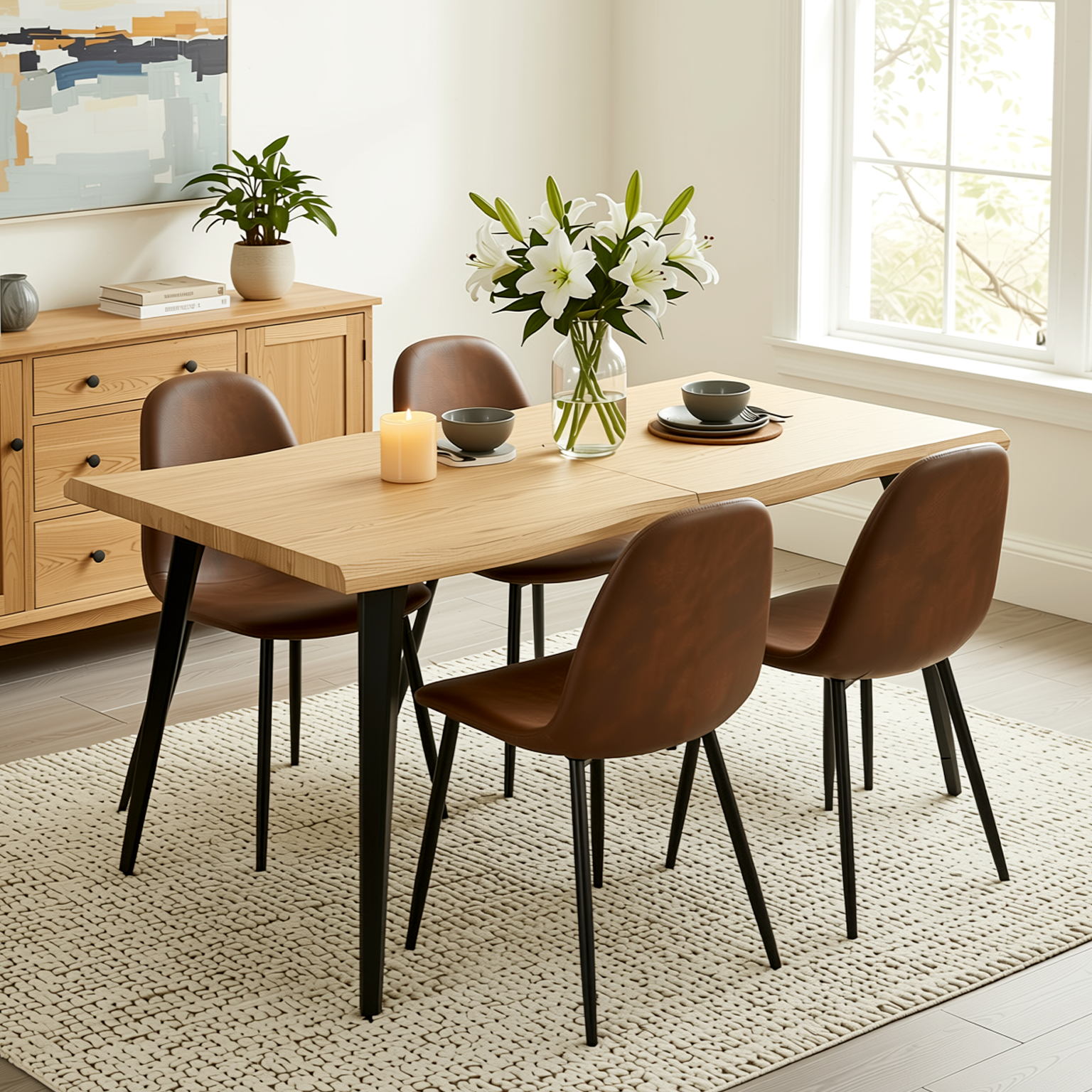Homy Casa LANCELOT+CHARLTON 5PC Dining Set 63" Natural Wood-Style Table with 4 CHARLTON Brown Faux Suede Dining Chairs Open Box