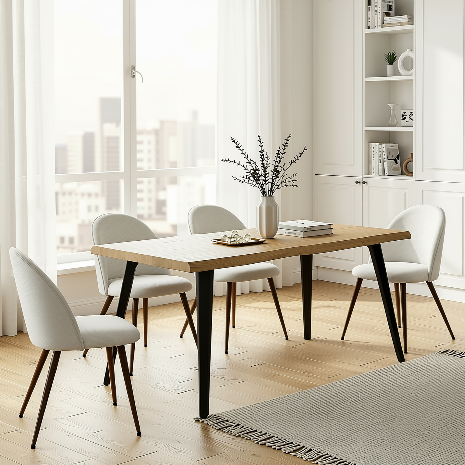 Homy Casa LANCELOT+HAVEN 5PC Dining Set 63" Table with 4 Haven Beige Fabric Chairs