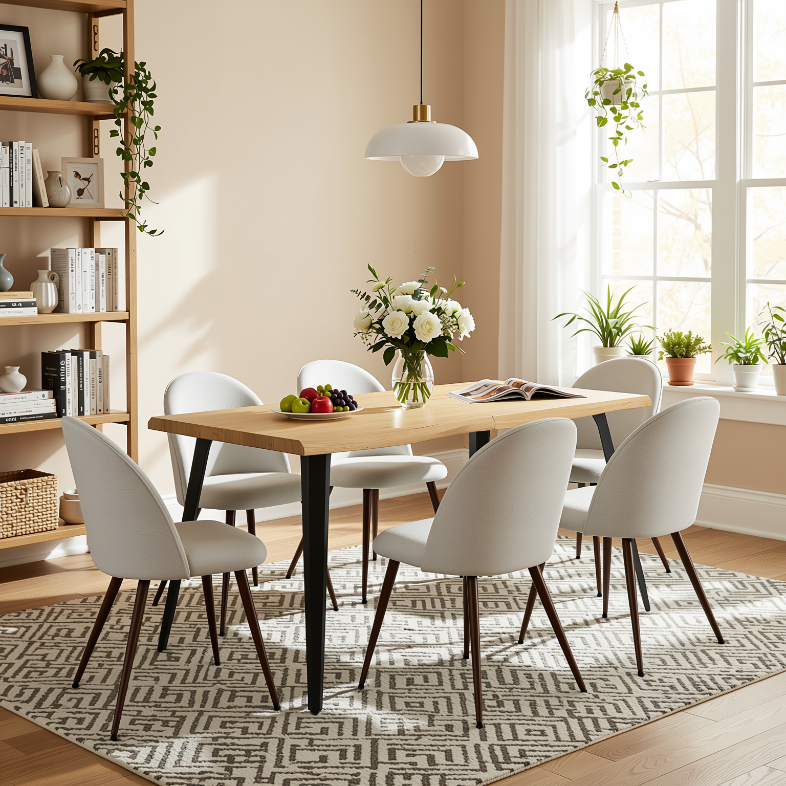 Homy Casa Lancelot KD 7PC Dining Set 63" Table with 6 Haven Beige Fabric Chairs Walnut Legs