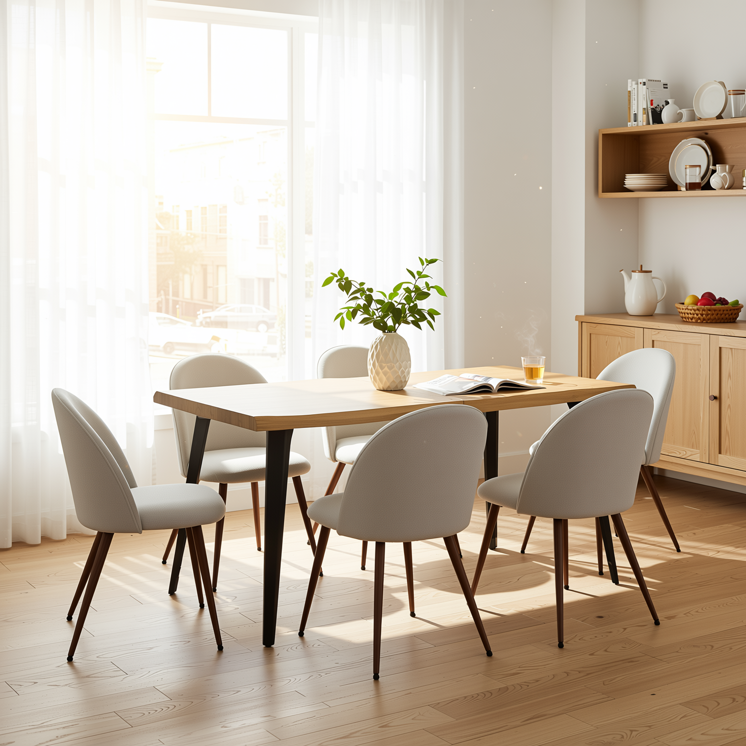Homy Casa Lancelot KD 7PC Dining Set 63" Table with 6 Haven Beige Fabric Chairs Walnut Legs