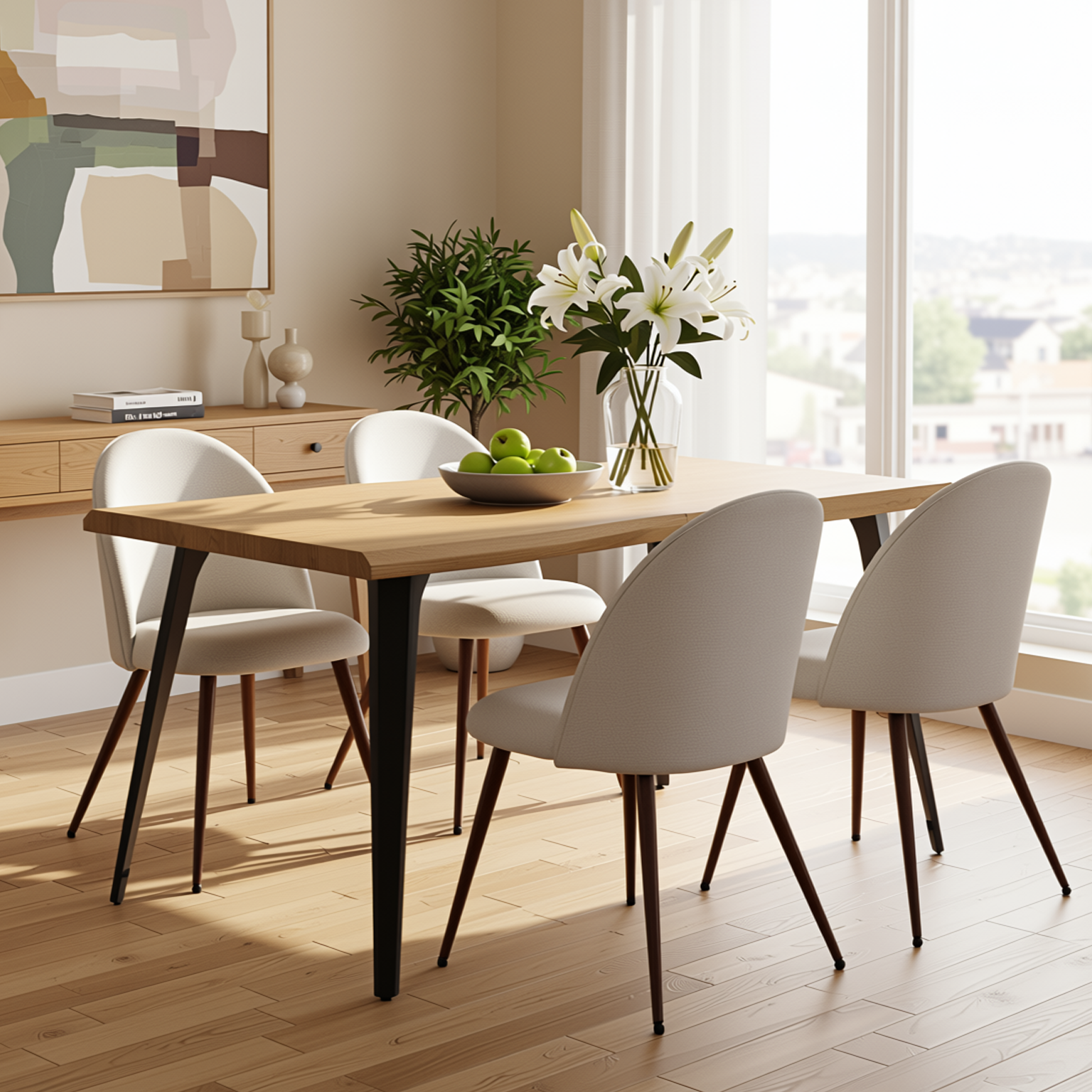 Homy Casa LANCELOT+HAVEN 5PC Dining Set 63" Table with 4 Haven Beige Fabric Chairs