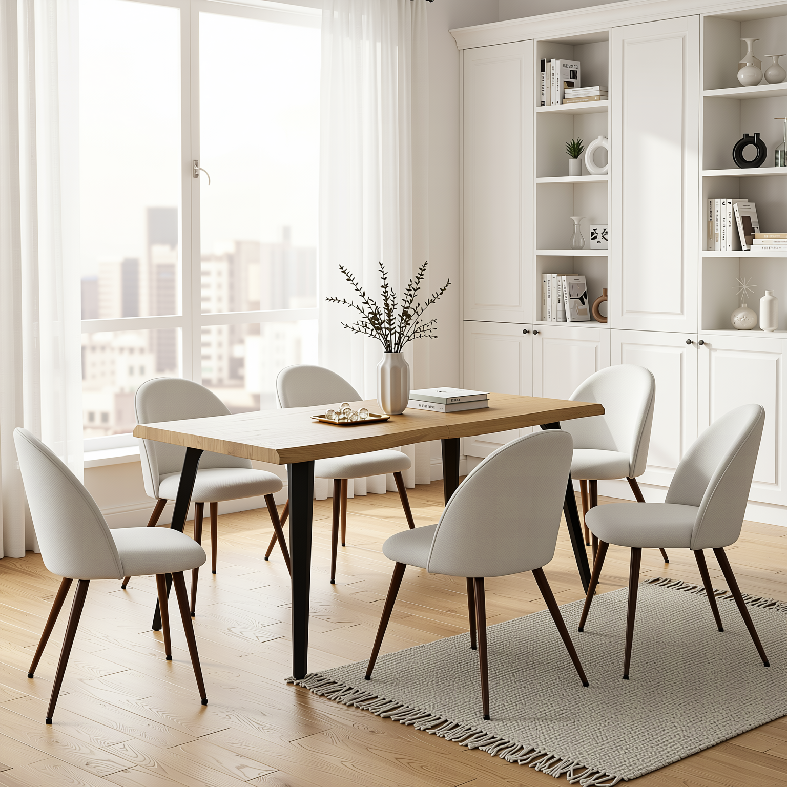 Homy Casa Lancelot KD 7PC Dining Set 63" Table with 6 Haven Beige Fabric Chairs Walnut Legs