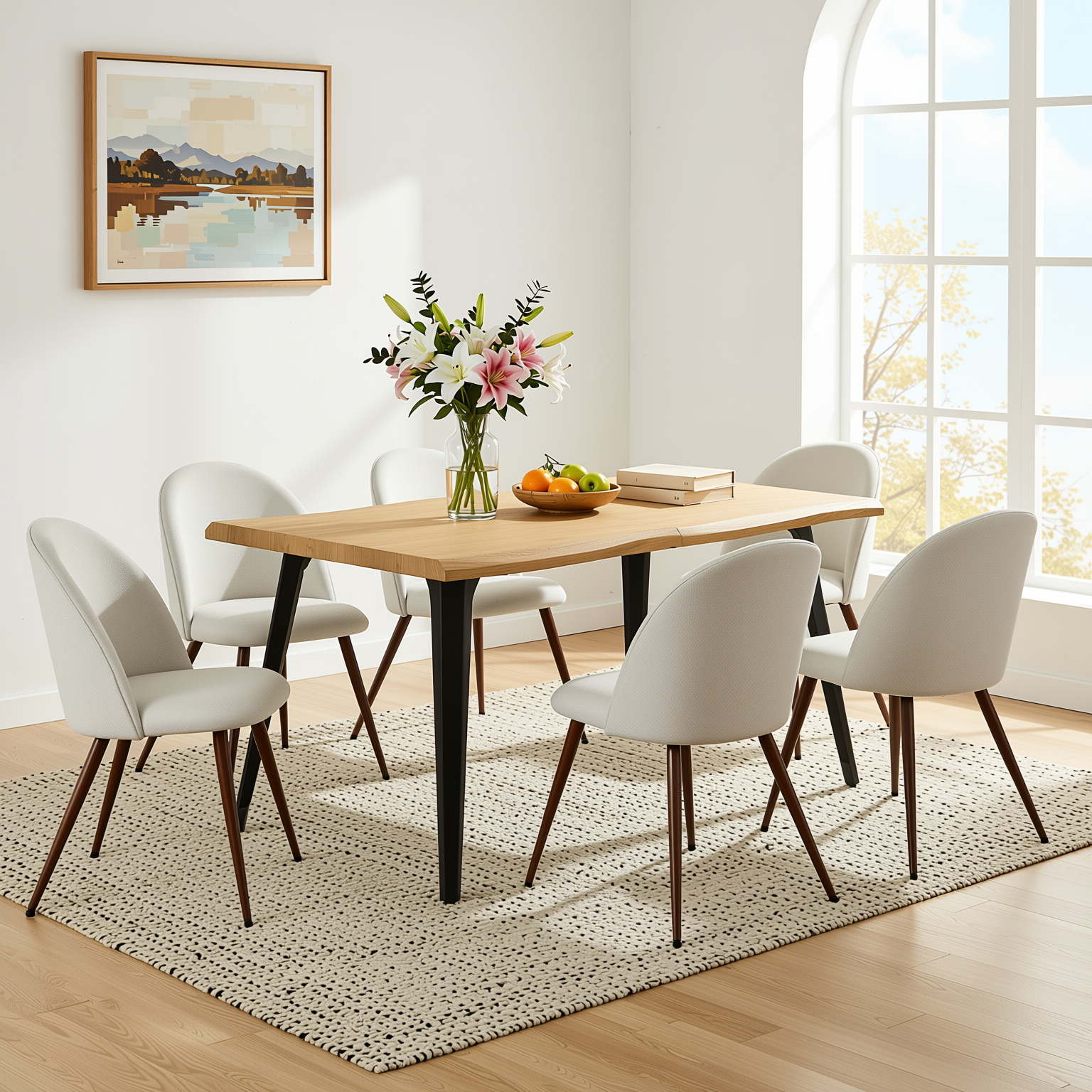 Homy Casa Lancelot KD 7PC Dining Set 63" Table with 6 Haven Beige Fabric Chairs Walnut Legs