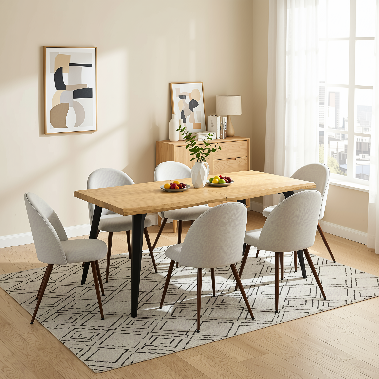 Homy Casa Lancelot KD 7PC Dining Set 63" Table with 6 Haven Beige Fabric Chairs Walnut Legs