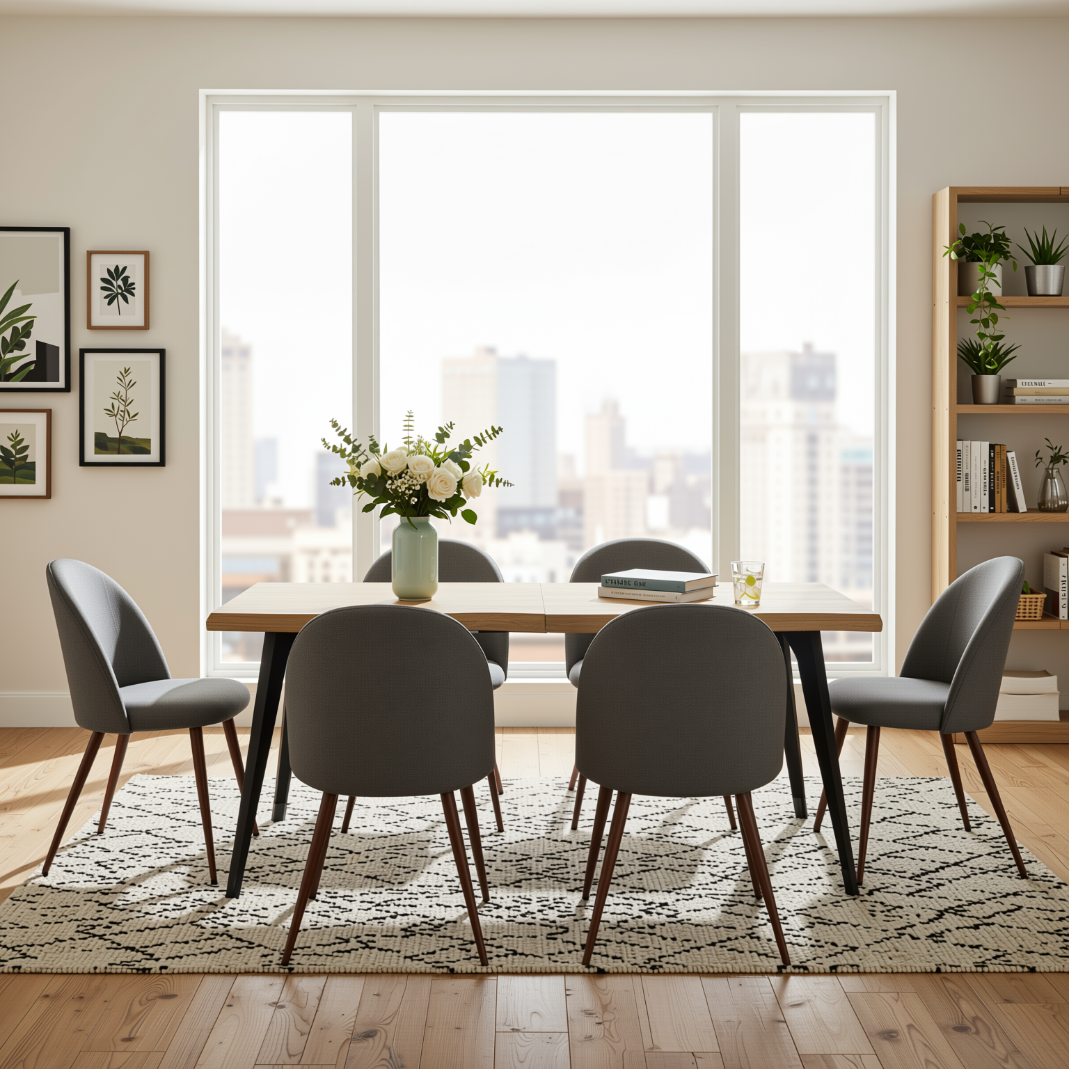 Homy Casa Lancelot 7PC Dining Set 63" Table with 6 Haven Grey Fabric Chairs Walnut Legs