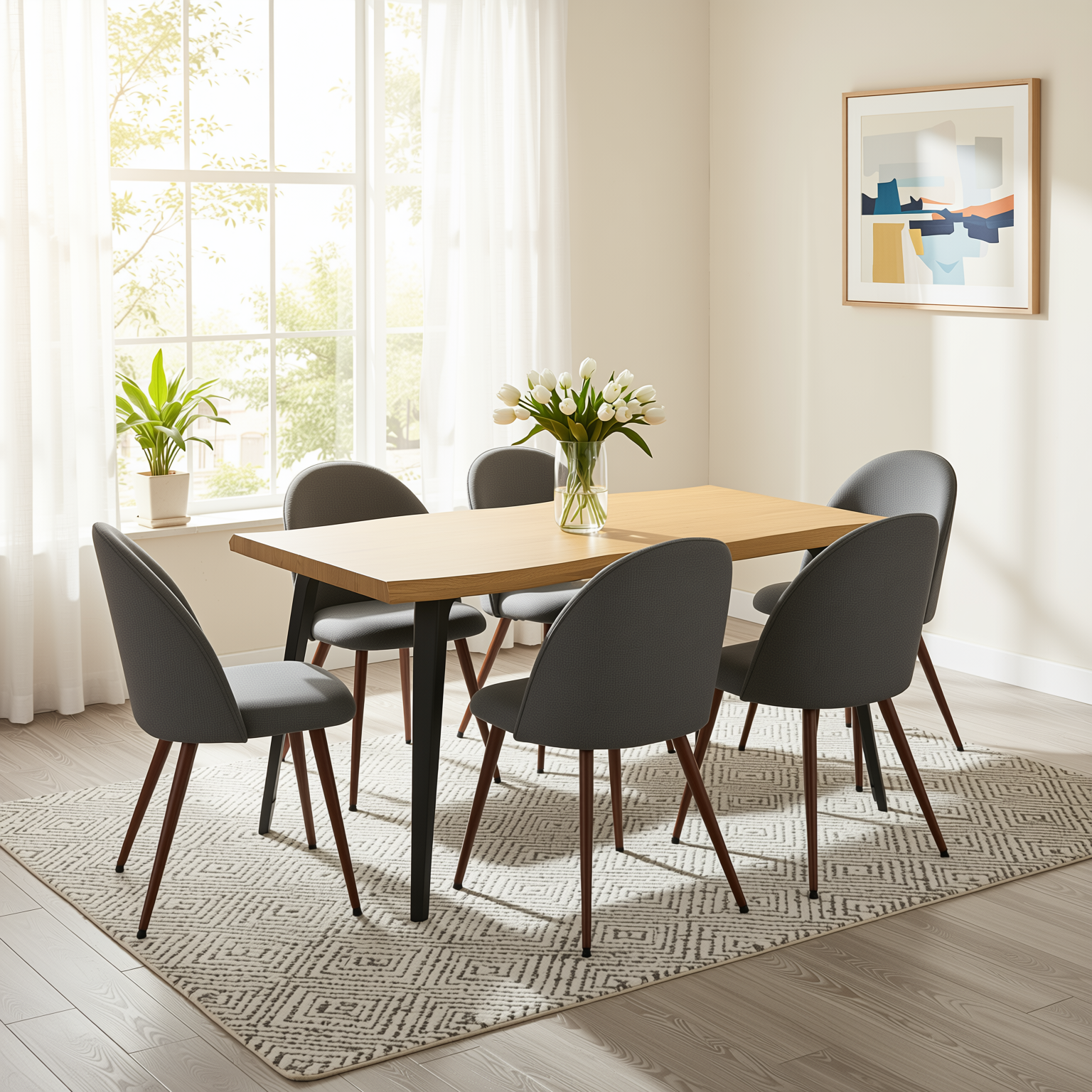 Homy Casa Lancelot 7PC Dining Set 63" Table with 6 Haven Grey Fabric Chairs Walnut Legs