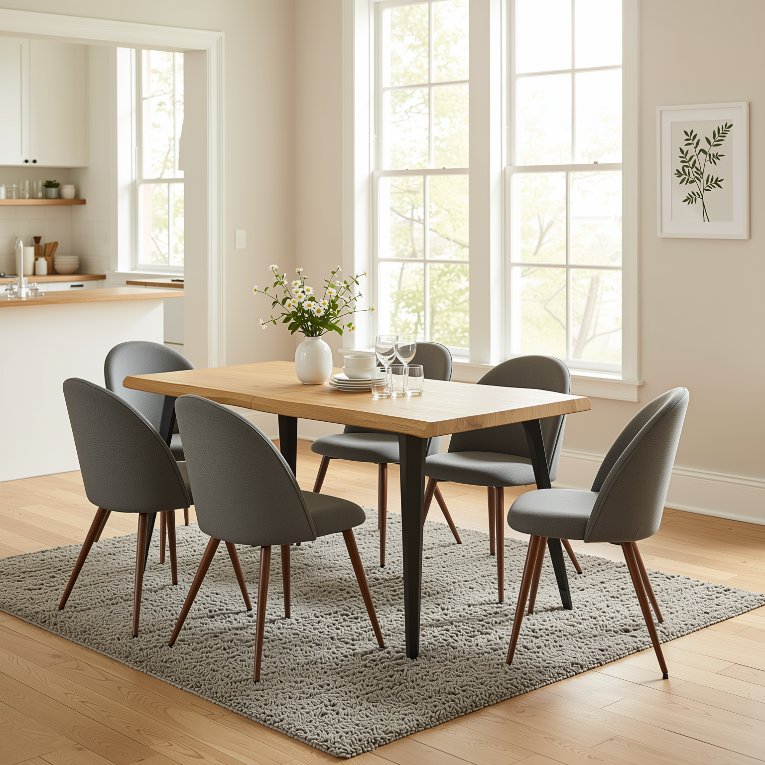Homy Casa Lancelot 7PC Dining Set 63" Table with 6 Haven Grey Fabric Chairs Walnut Legs