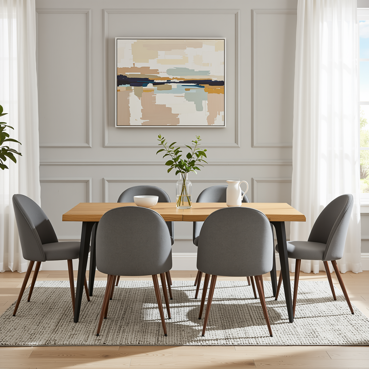 Homy Casa Lancelot 7PC Dining Set 63" Table with 6 Haven Grey Fabric Chairs Walnut Legs