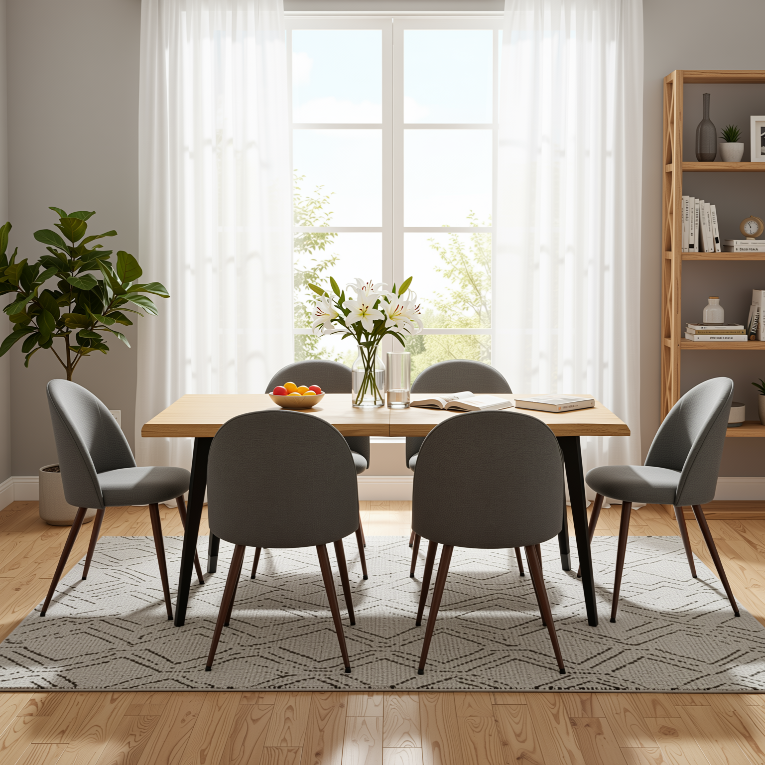 Homy Casa Lancelot 7PC Dining Set 63" Table with 6 Haven Grey Fabric Chairs Walnut Legs