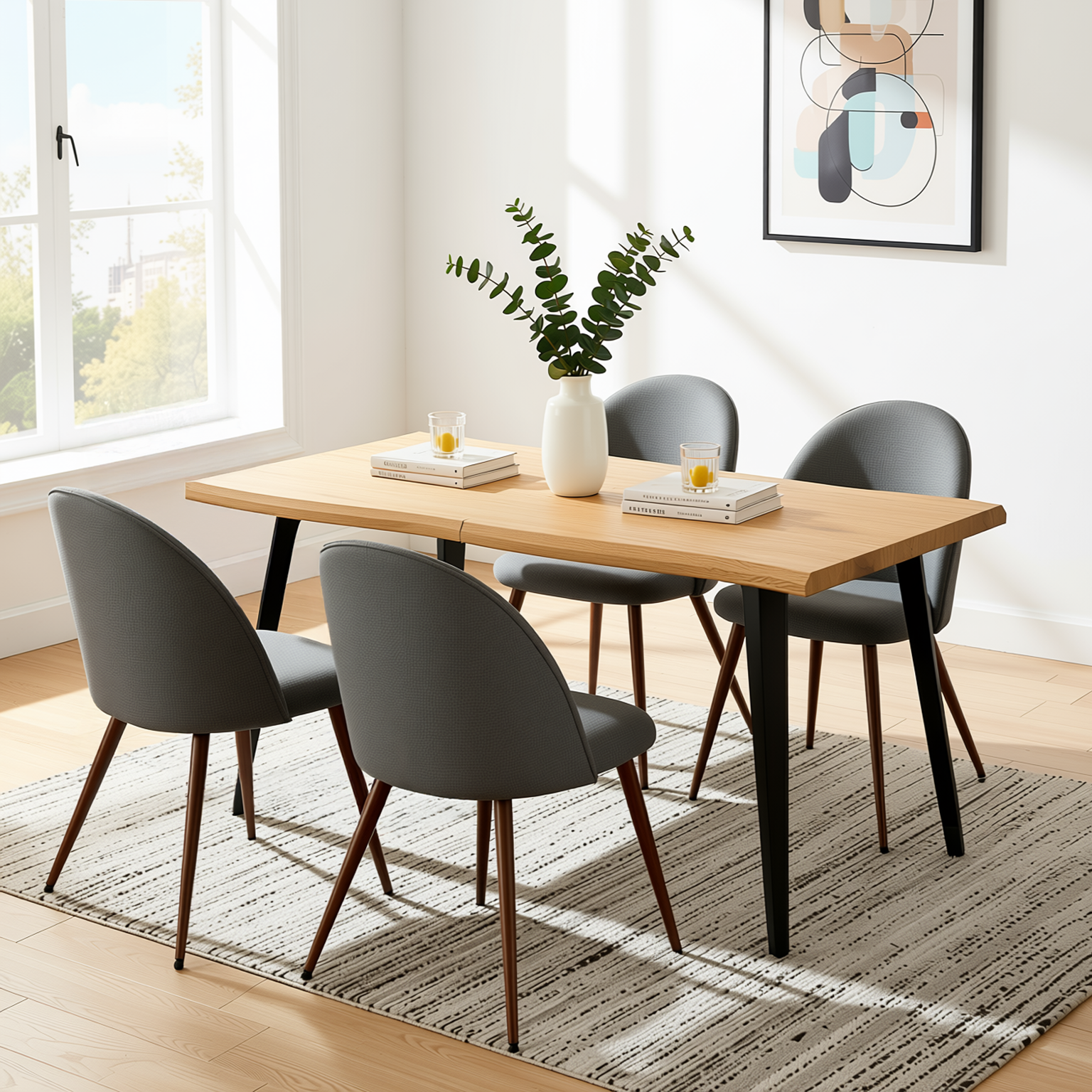 Homy Casa LANCELOT+HAVEN 5PC Dining Set 63" Table with 4 Haven Grey Fabric Chairs Walnut Legs
